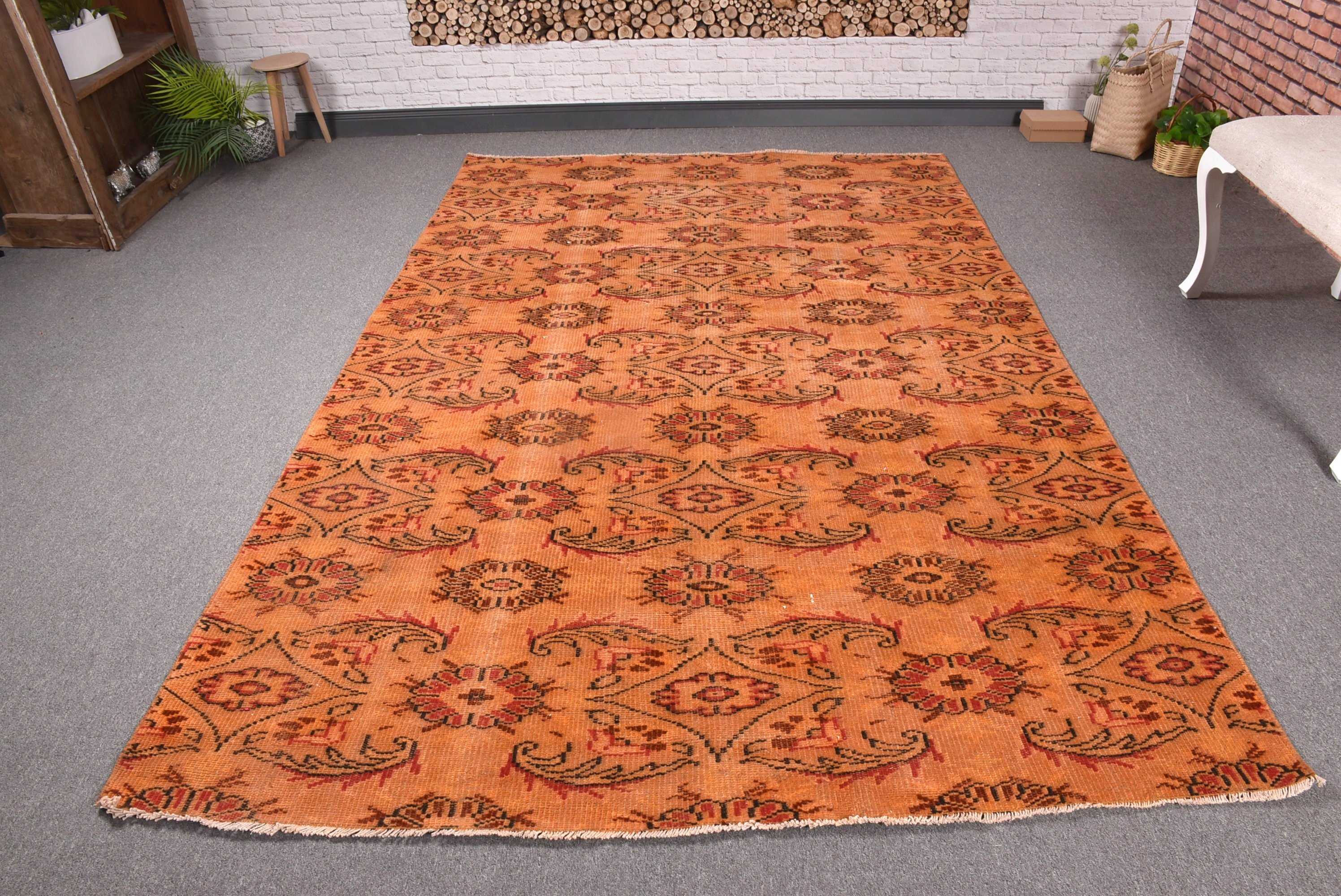 Floor Rug, Handwoven Rug, Turkish Rugs, Bedroom Rugs, Salon Rugs, Aesthetic Rug, 5.8x8.6 ft Large Rug, Vintage Rugs, Orange Statement Rugs