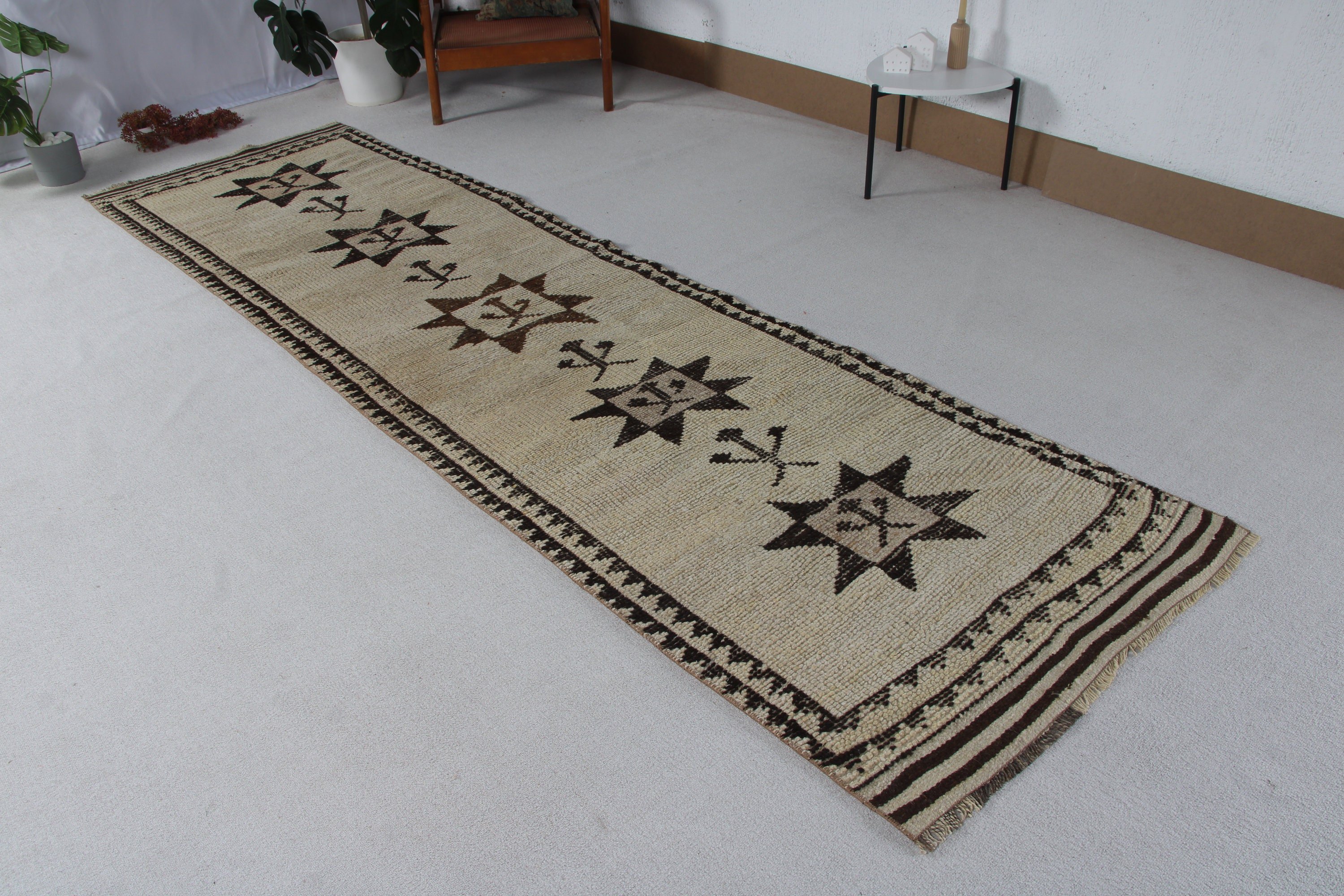 Beni Ourain Runner Halıları, 3.3x11.7 ft Runner Halıları, Nötr Halı, Vintage Halı, Kahverengi Soğuk Halı, Merdiven Halıları, Türk Halıları, El Dokuma Halıları