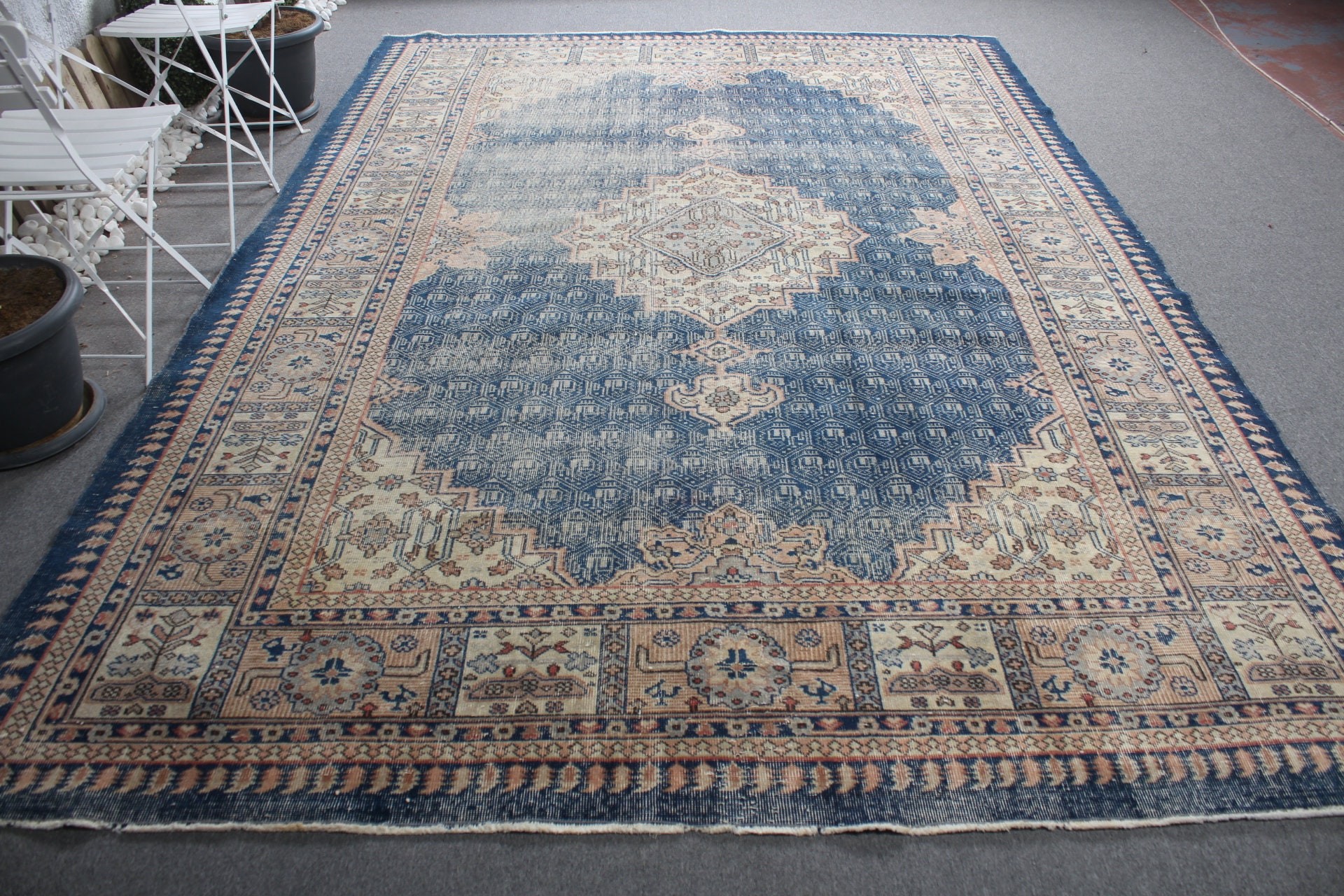 Salon Halısı, Yatak Odası Halısı, Yer Halısı, Vintage Halı, Boho Halısı, 7.9x11.5 ft Büyük Boy Halı, Mavi Ev Dekor Halıları, Türk Halısı, Yemek Odası Halısı