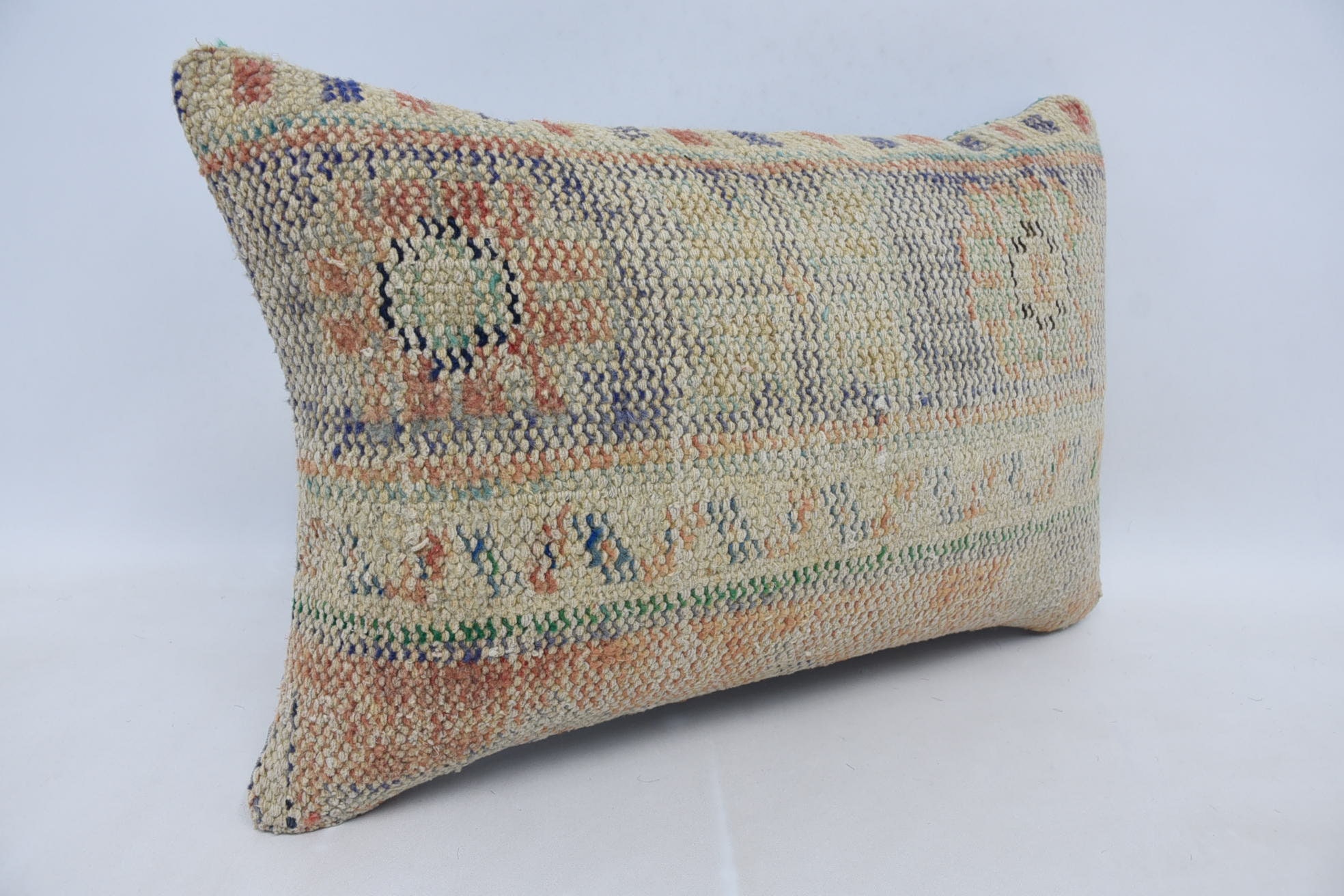 Turkish Pillow, Kilim Pillow, 16"x24" Beige Cushion, Aesthetic Cushion Cover, Throw Kilim Pillow, Colorful Pillow Cover
