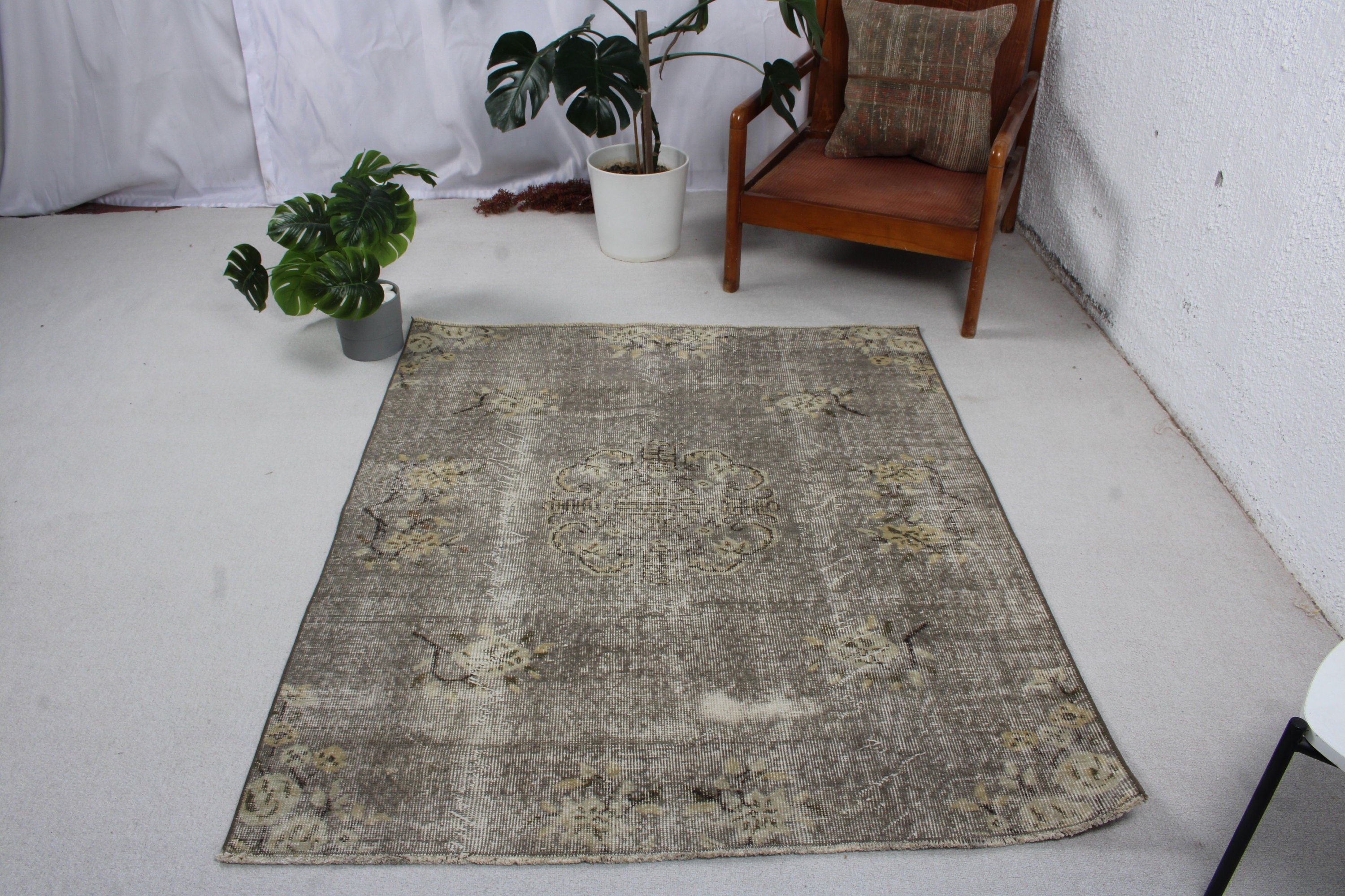 4.3x5 ft Accent Halılar, Anadolu Halısı, Gri Modern Halı, Türk Halısı, Vintage Halı, Egzotik Halı, Mutfak Halıları, Boho Accent Halı