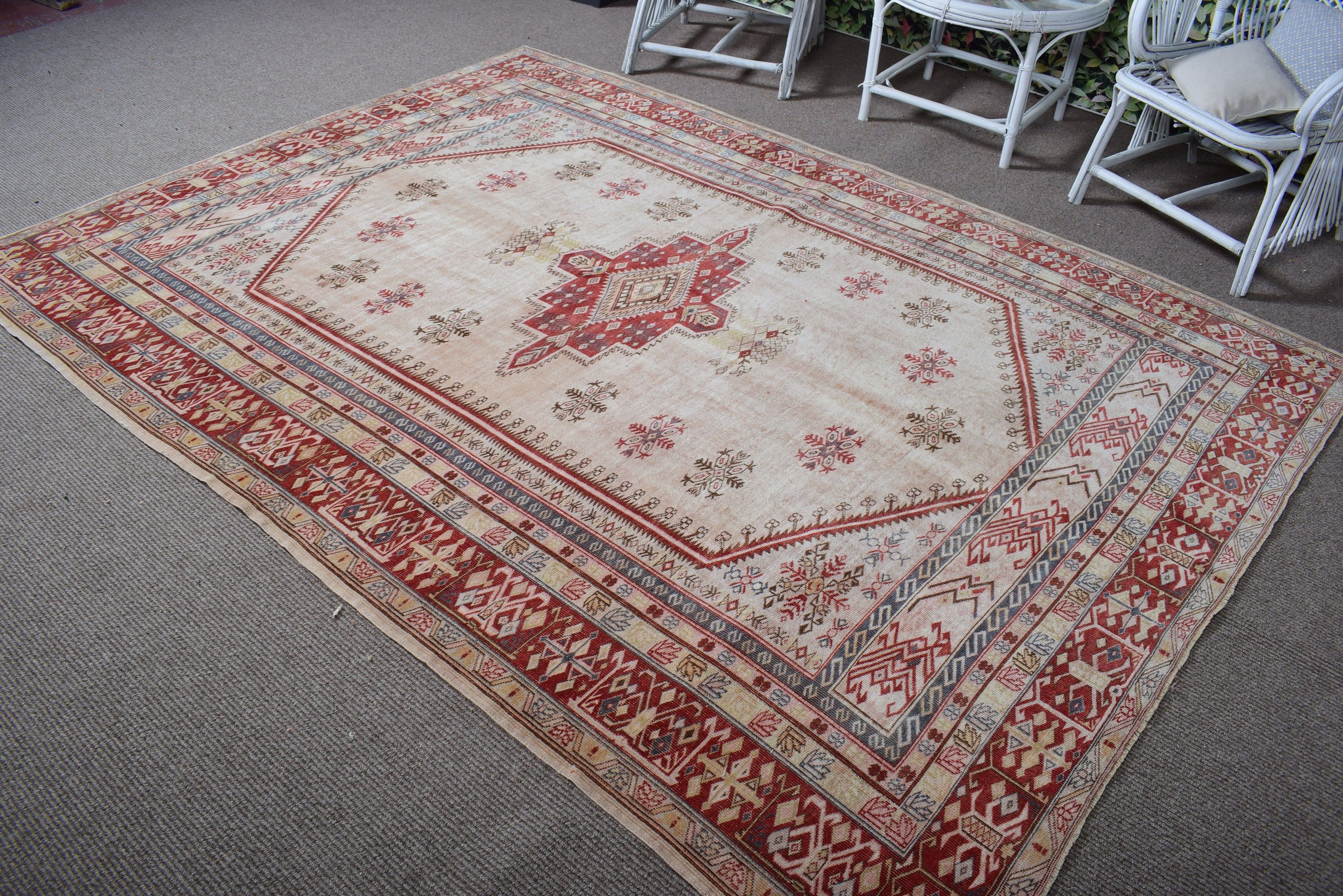 Vintage Halılar, 6.5x8.7 ft Büyük Halılar, Türk Halıları, Bej Yatak Odası Halıları, Büyük Boho Halıları, Büyük Oushak Halısı, Anadolu Halıları, Nötr Halı