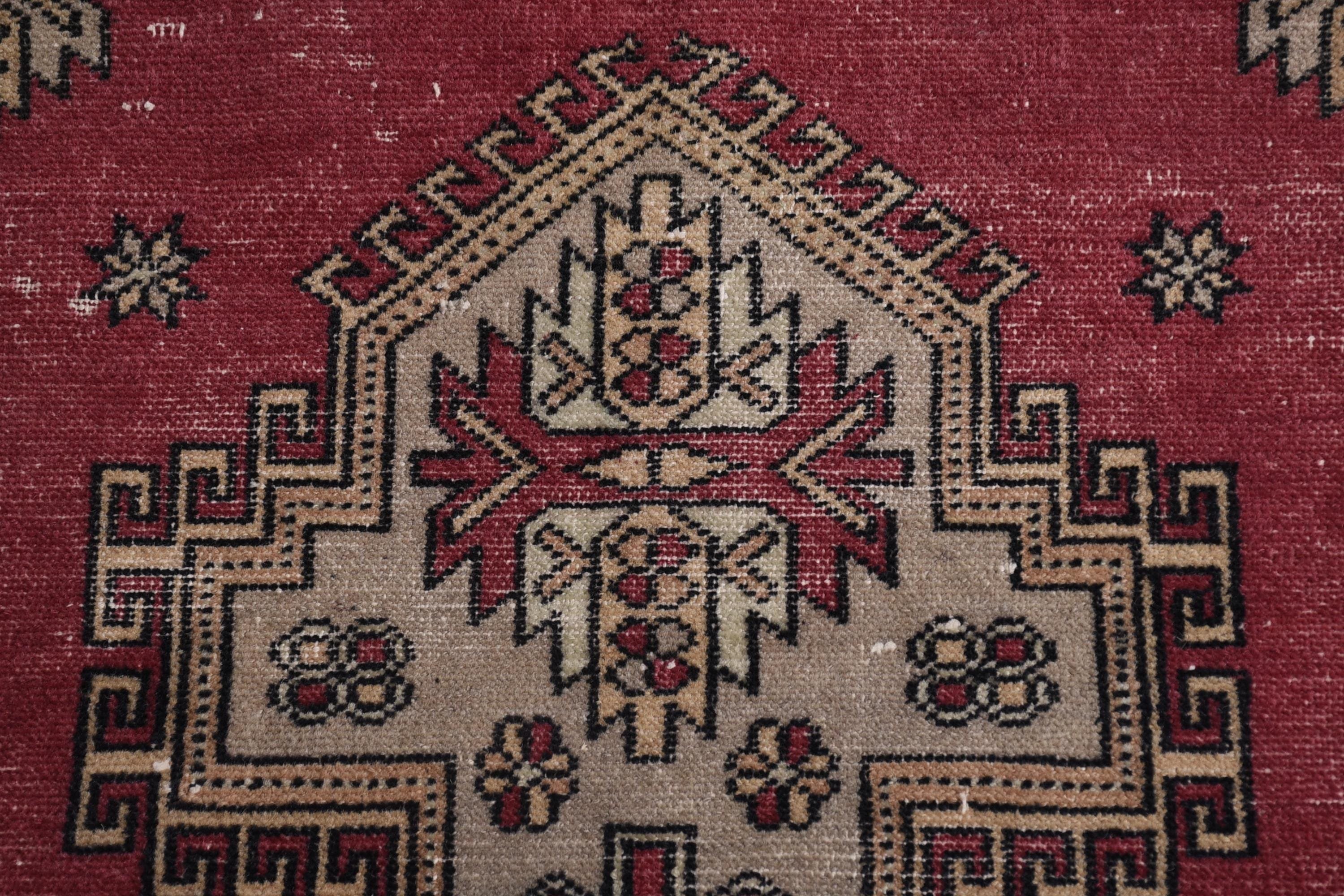 Oushak Halısı, Türk Halıları, 2.9x2.9 ft Küçük Halı, Vintage Halı, Yün Banyo Paspas Halısı, Kırmızı Düz ​​Dokuma Halılar, Giriş Halısı, Kapı Paspas Halısı, Nötr Halı