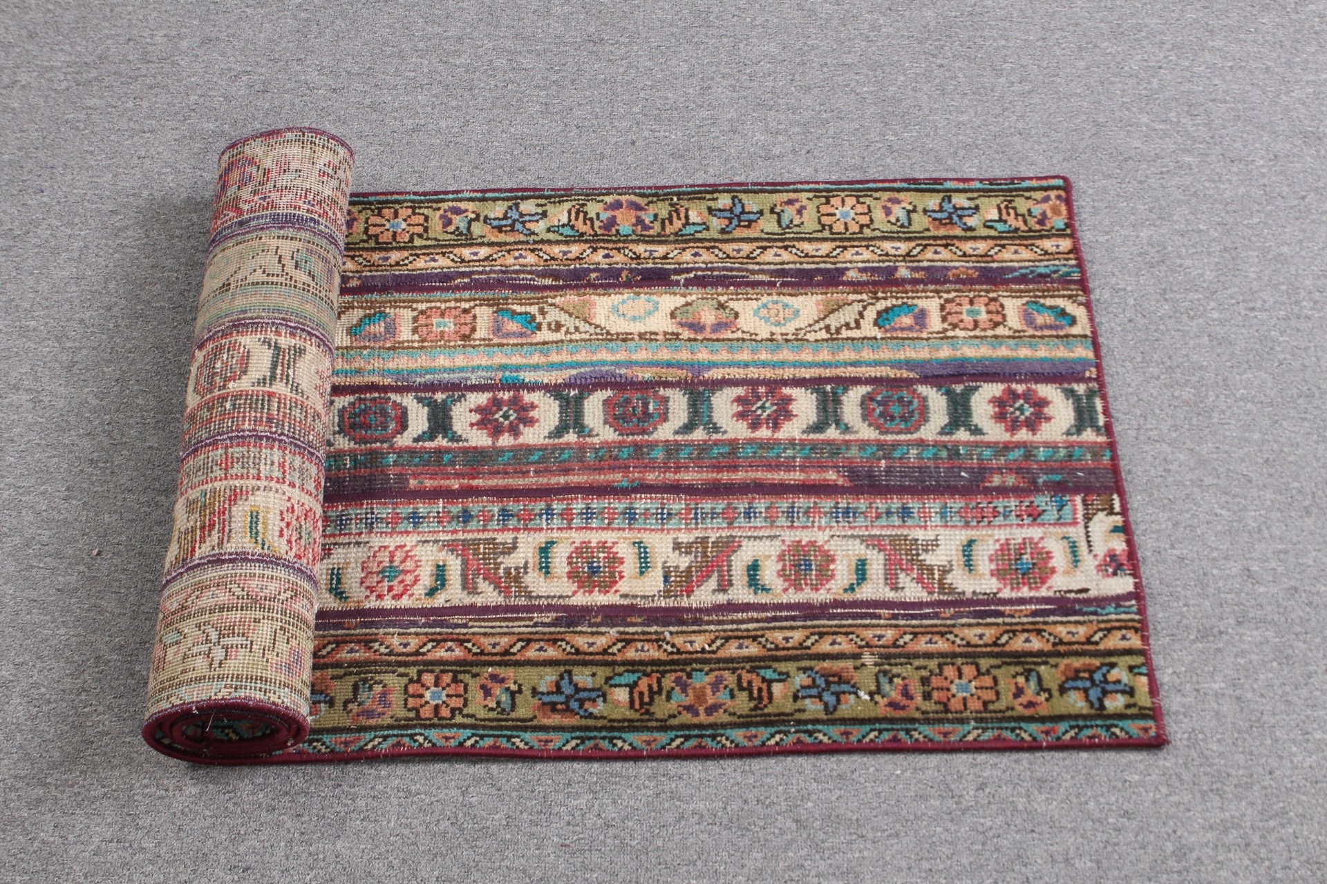 Yeşil Oryantal Halılar, Banyo Halıları, 1.8x4.9 ft Küçük Halı, Boho Halıları, Duvara Asılı Halılar, Yün Halı, Vintage Halı, Türk Halıları