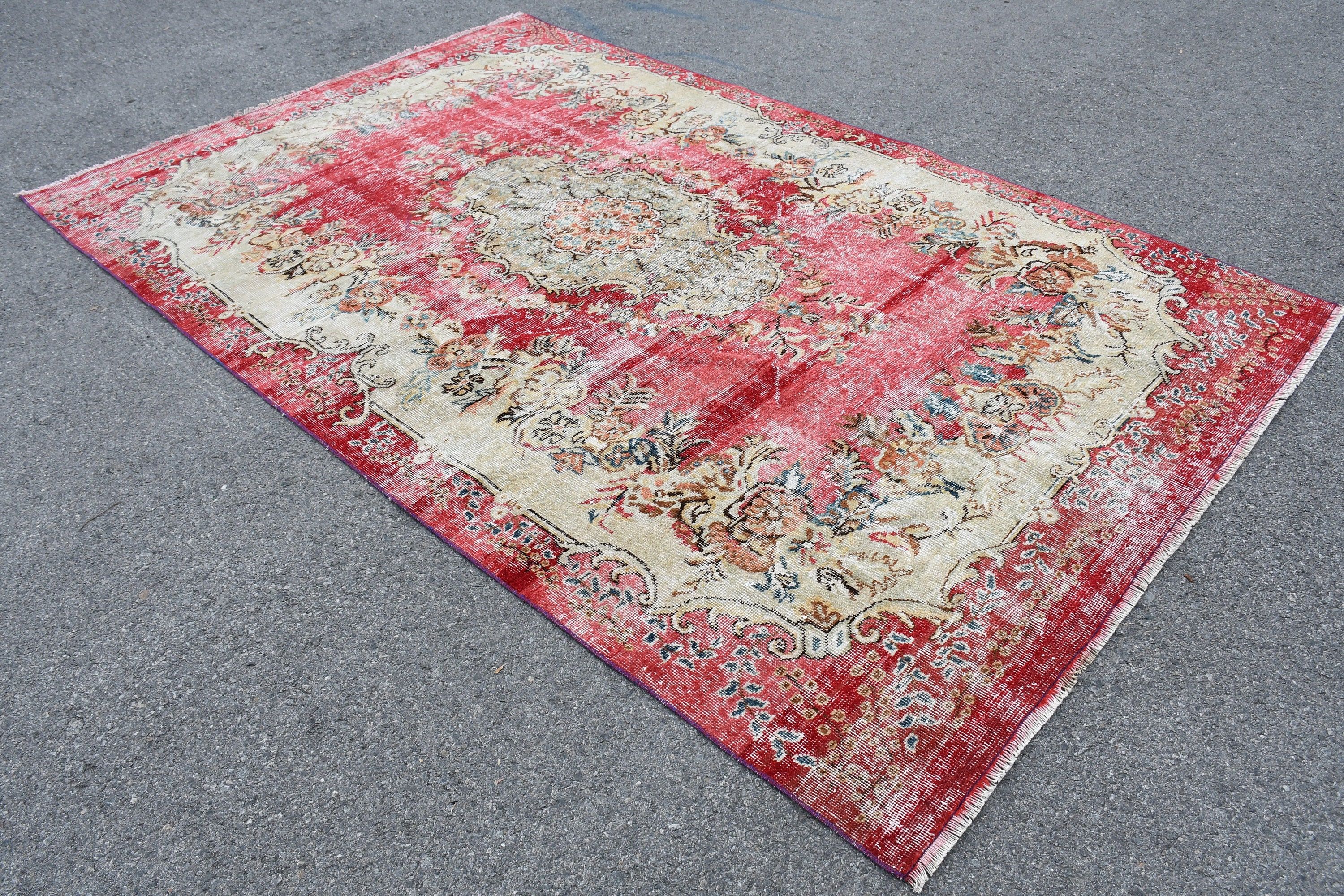 Kırmızı 6.4x9.9 ft Büyük Halı, Yemek Odası Halıları, Salon Halısı, Yer Halıları, Yün Halı, Vintage Halı, Yemek Odası Halısı, Türk Halıları