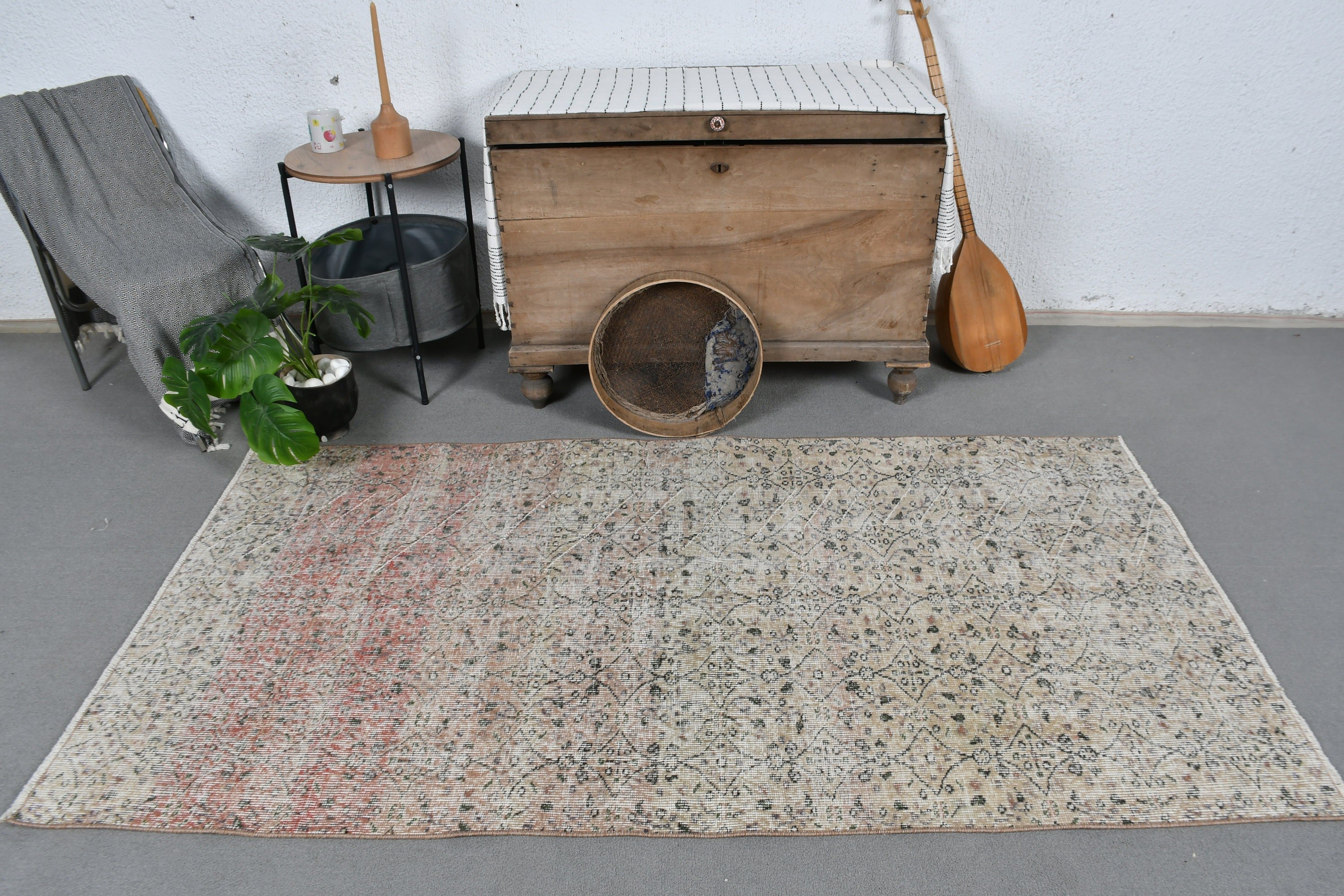 3.7x6.9 ft Area Rug, Pale Rug, Rugs for Living Room, Beige Wool Rug, Vintage Rug, Oushak Rugs, Indoor Rug, Turkish Rug, Kitchen Rugs