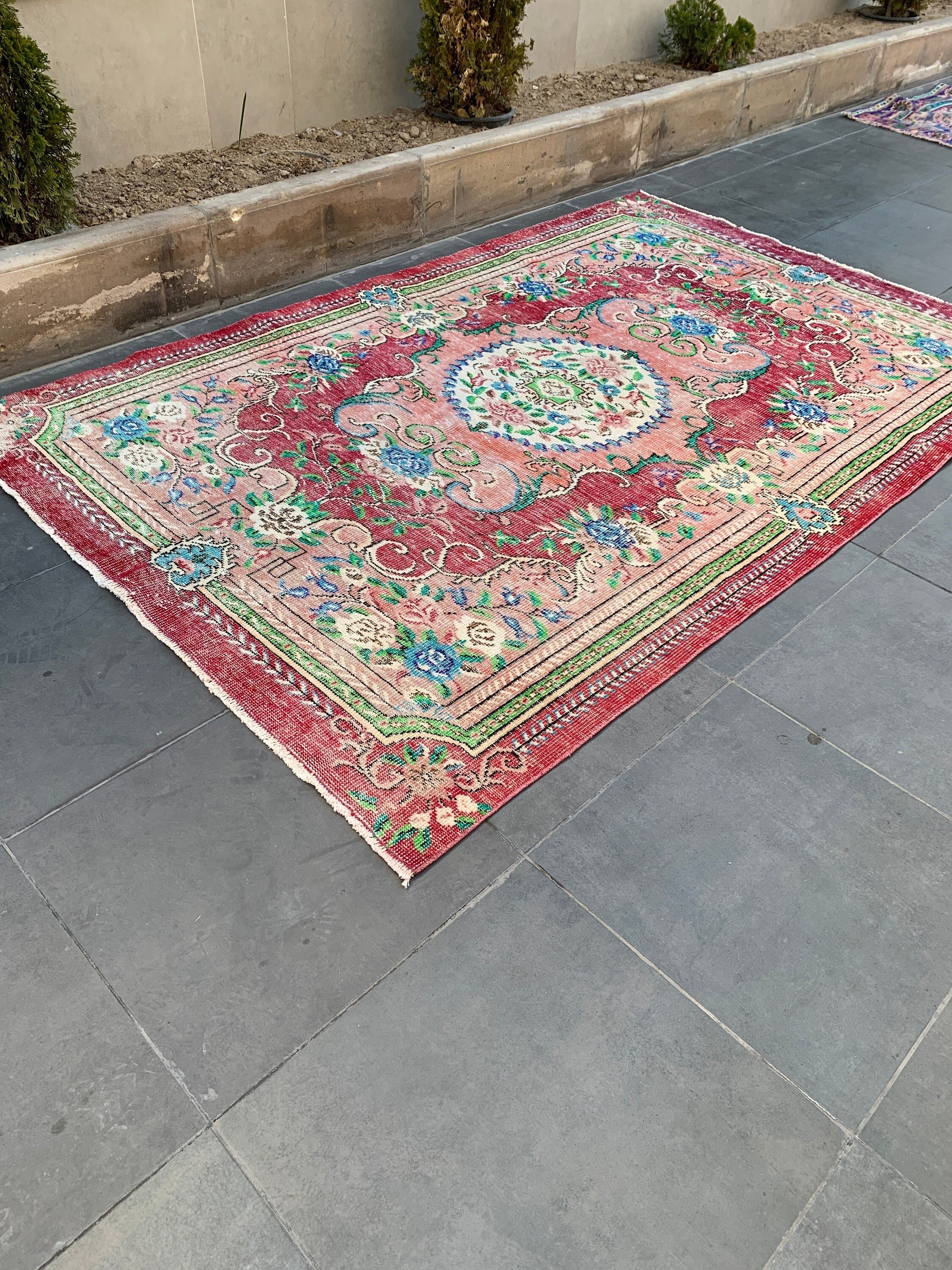 Vintage Halı, Türk Halısı, 6.1x9.4 ft Büyük Halı, Kırmızı Soğuk Halı, Salon Halıları, Yün Halı, Yemek Odası Halısı, Oturma Odası Halıları