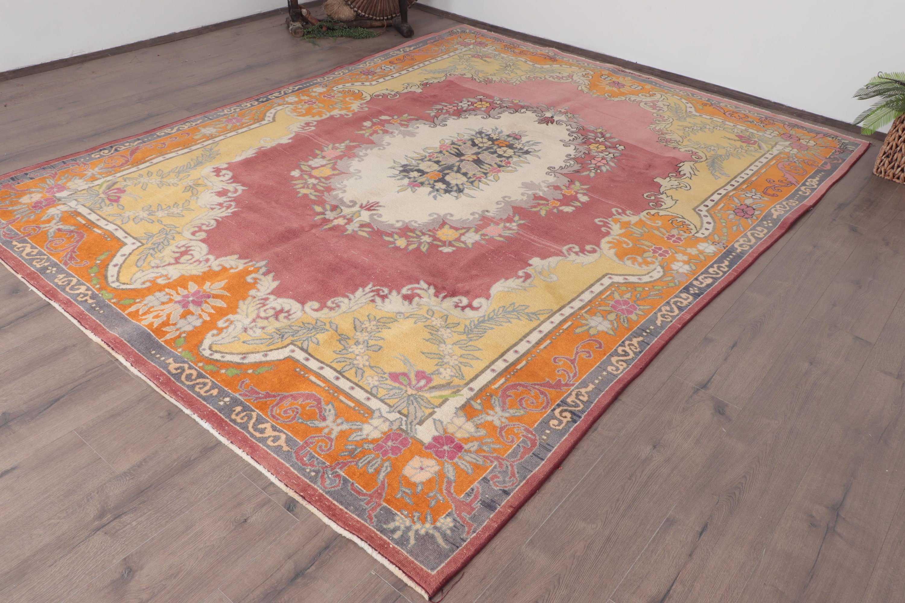 Boho Halı, Sarı Antika Halı, Nötr Halılar, Büyük Boy Türk Halısı, 7.3x9.7 ft Büyük Boy Halılar, Türk Halıları, Vintage Halılar, Yemek Odası Halısı