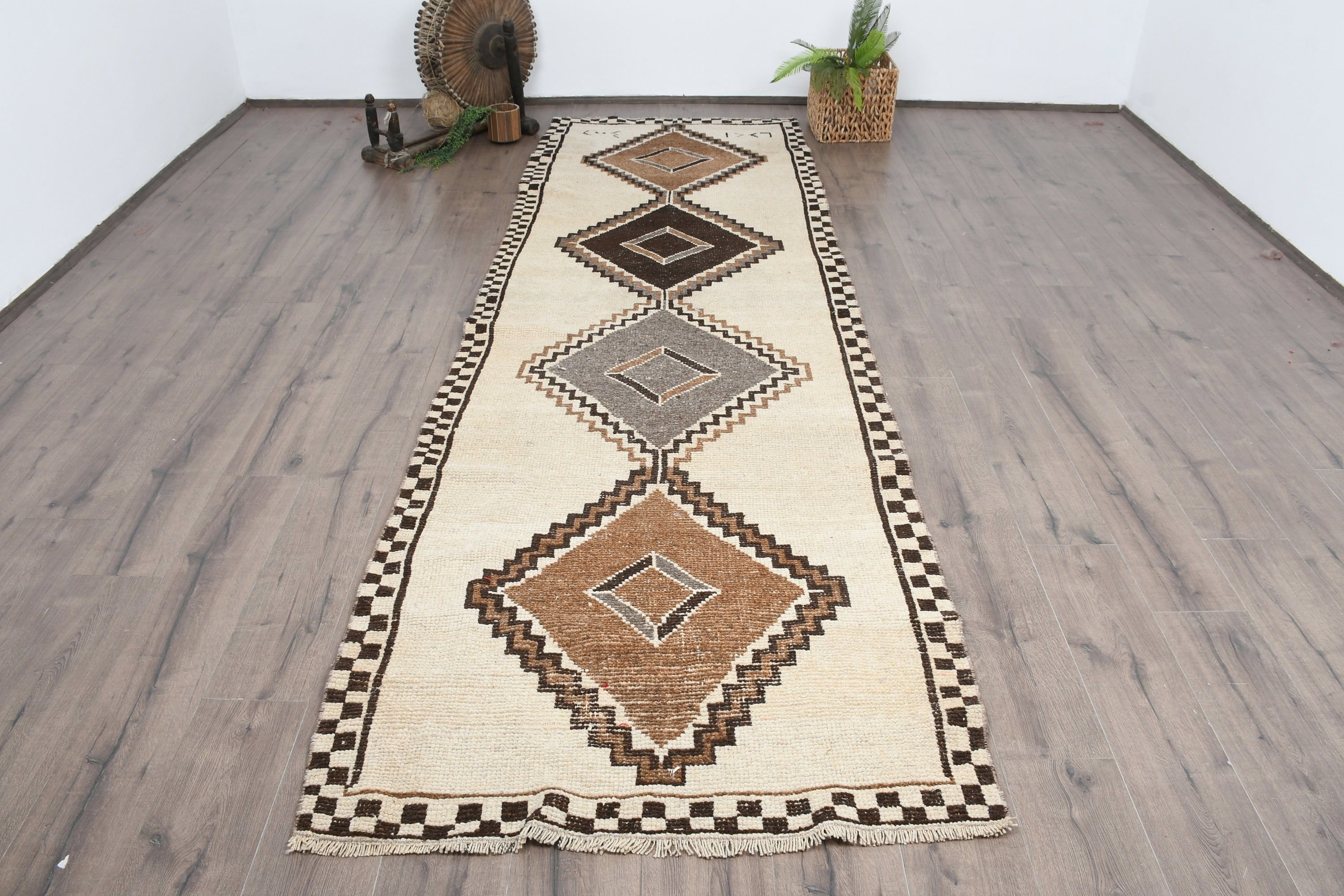 Turkish Rugs, Beige Anatolian Rug, Anatolian Rug, Vintage Rug, 3.6x11.5 ft Runner Rug, Rugs for Corridor, Stair Rugs, Wool Rug, Aztec Rug