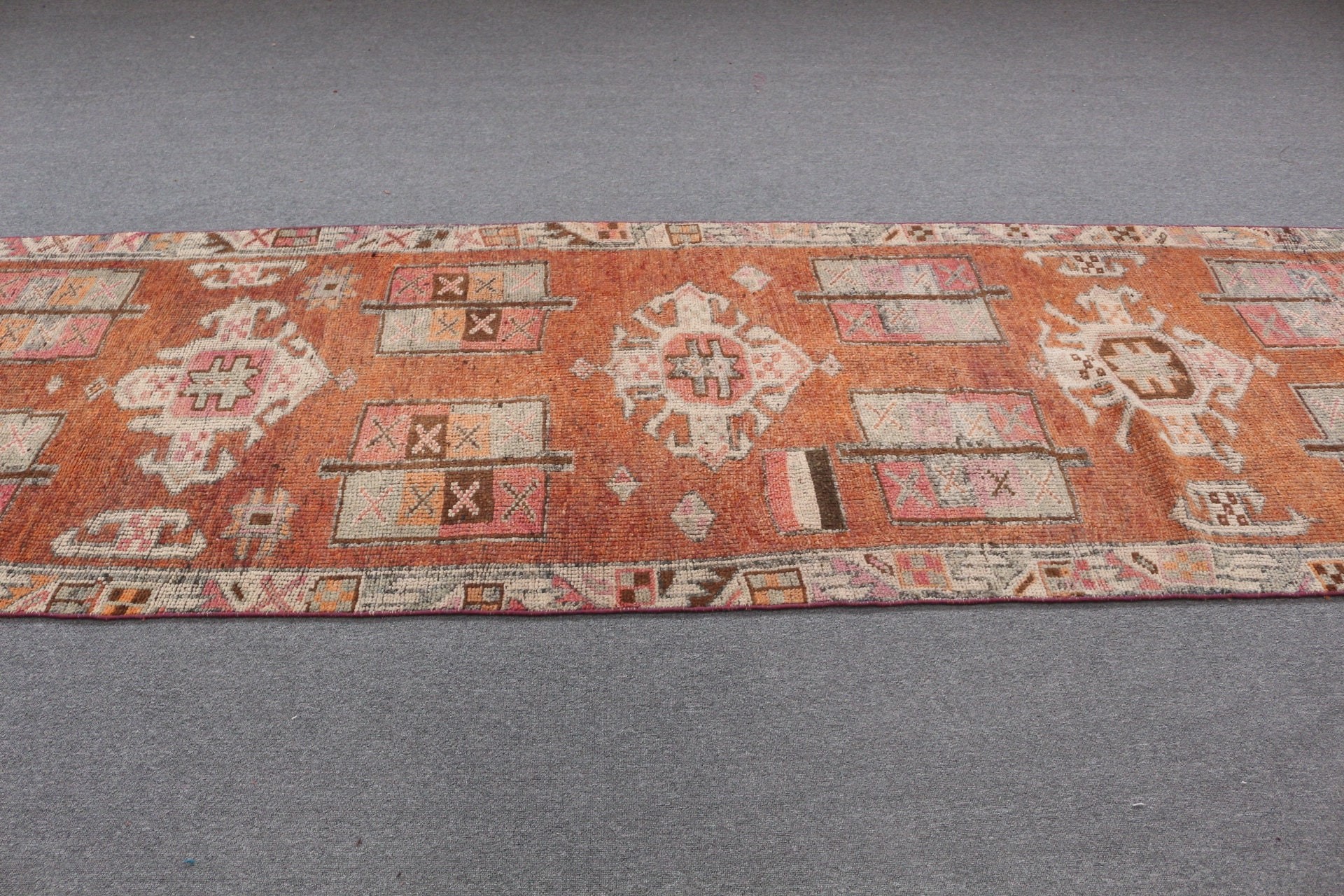 Turkish Rug, Art Rug, Orange Moroccan Rugs, Bedroom Rugs, Rugs for Corridor, 3.4x12.8 ft Runner Rug, Corridor Rug, Floor Rug, Vintage Rug