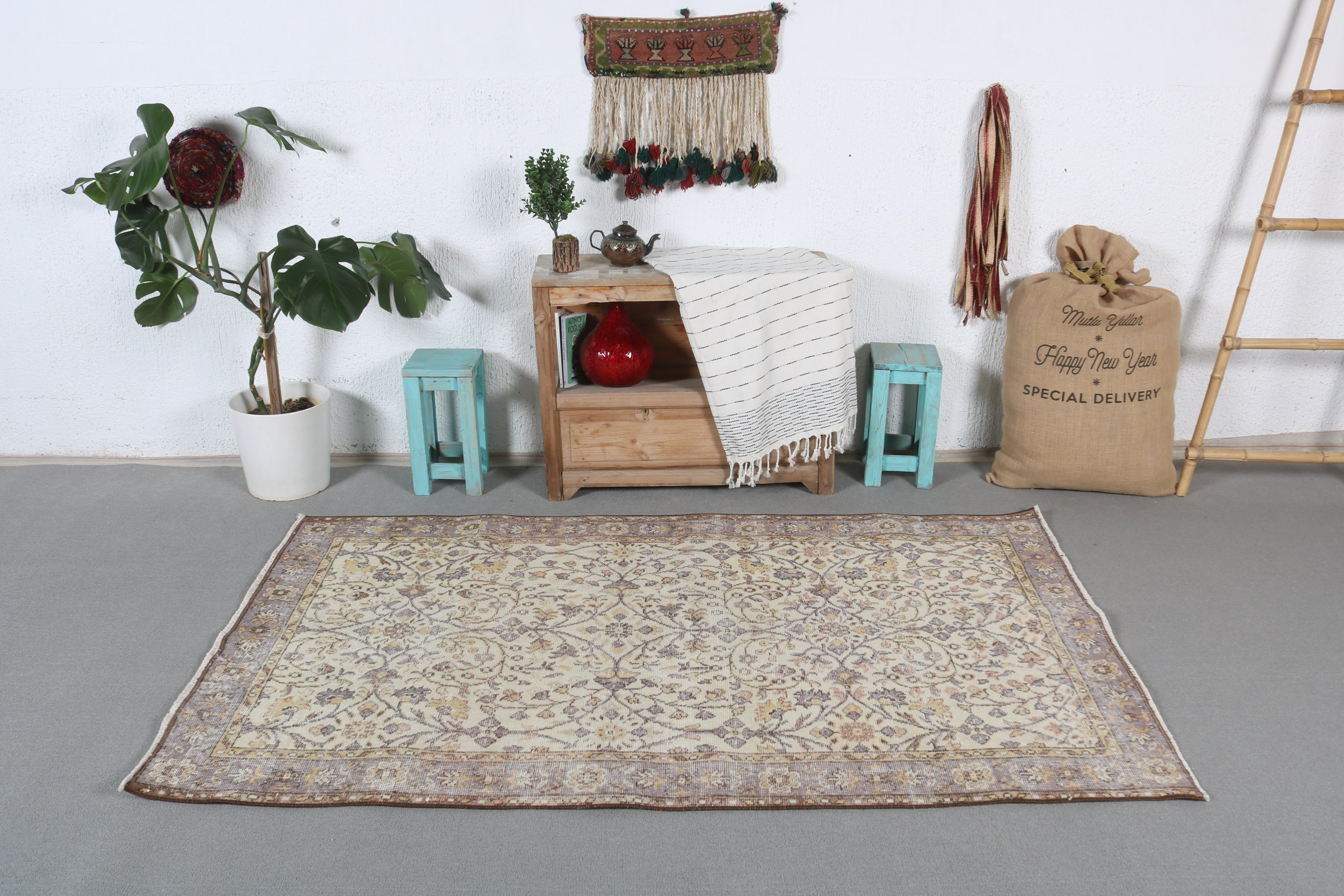 3.8x6.5 ft Area Rug, Vintage Rugs, Kitchen Rugs, Home Decor Rug, Rugs for Bedroom, Beige Floor Rug, Dining Room Rug, Art Rug, Turkish Rug