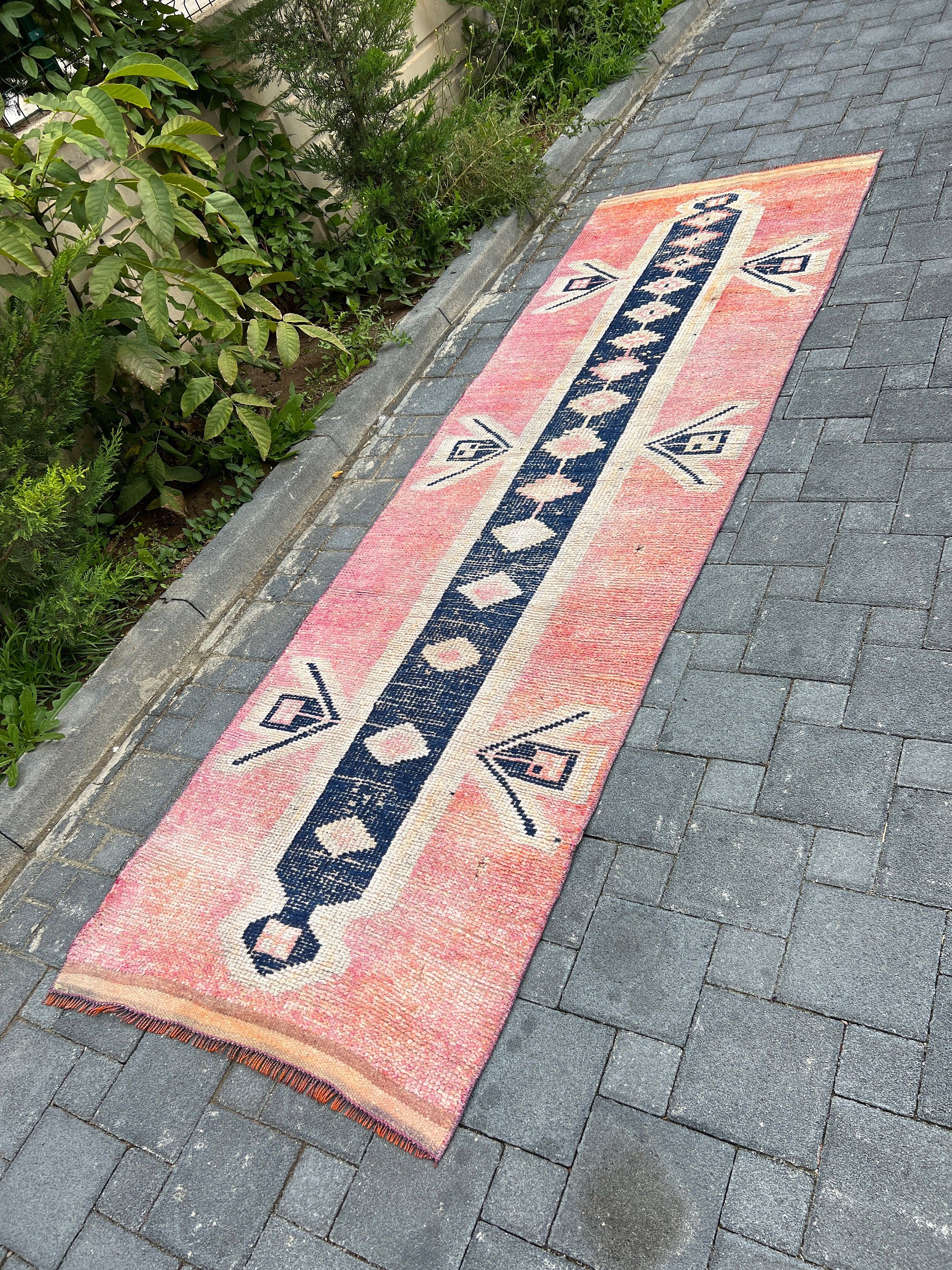 Pembe Ev Dekor Halısı, Göçebe Halısı, Türk Halısı, Vintage Halı, Havalı Halı, Koşucu Halıları, Merdiven Halısı, 3x10.4 ft Koşucu Halısı, Sanat Halısı, Yün Halılar