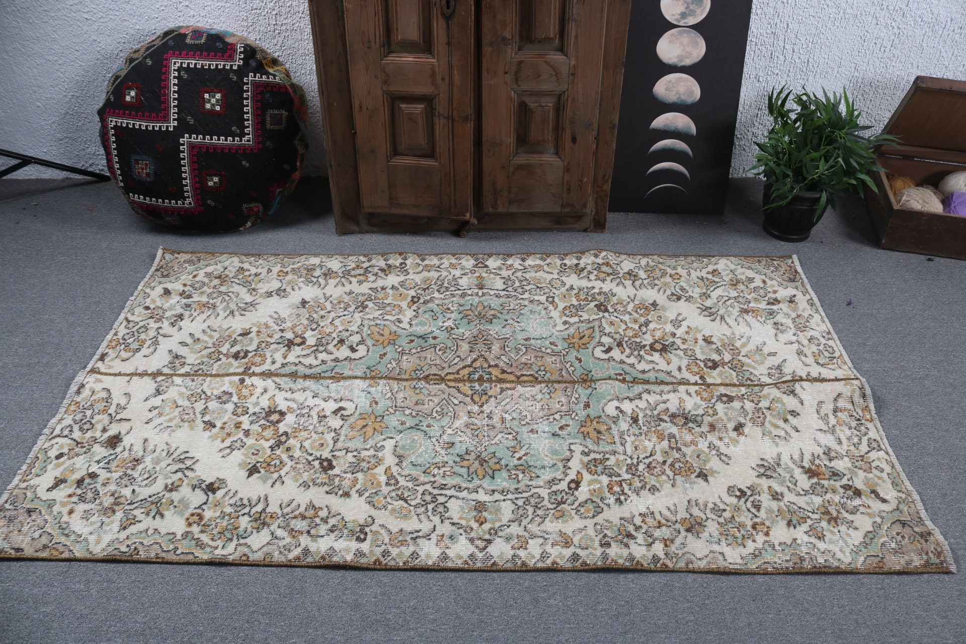 Boho Bölge Halıları, 3,7x6,5 ft Alan Halıları, Türk Halıları, Modern Halı, Yün Halı, Bej El Dokuma Halılar, Yer Halıları, Vintage Halılar, Yer Halıları