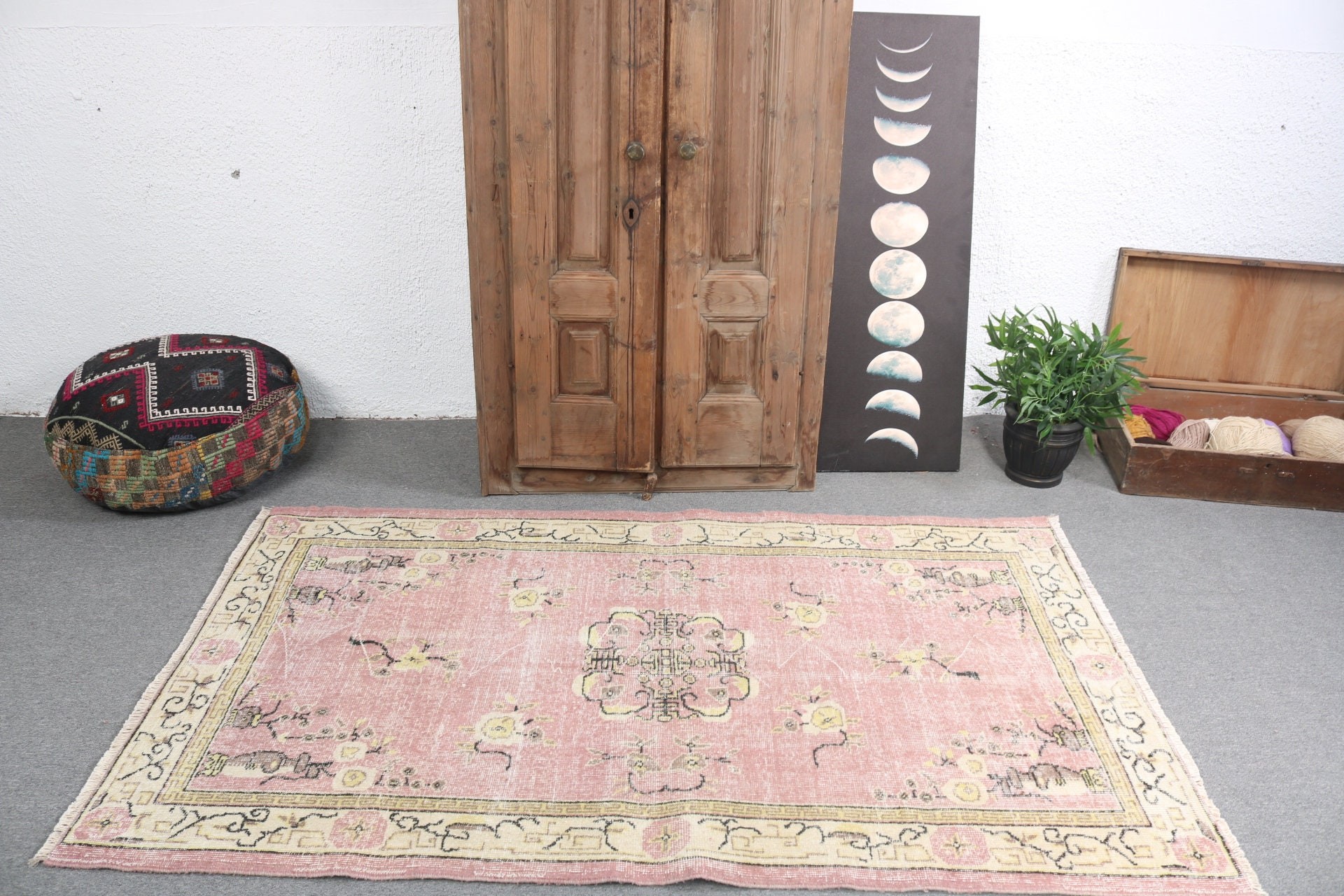 3,8x6,4 ft Alan Halıları, Türk Halısı, Boho Halısı, Etnik Halılar, Pembe Antika Halı, Vintage Halılar, Nötr Halılar, Yemek Odası Halıları, Zemin Halıları