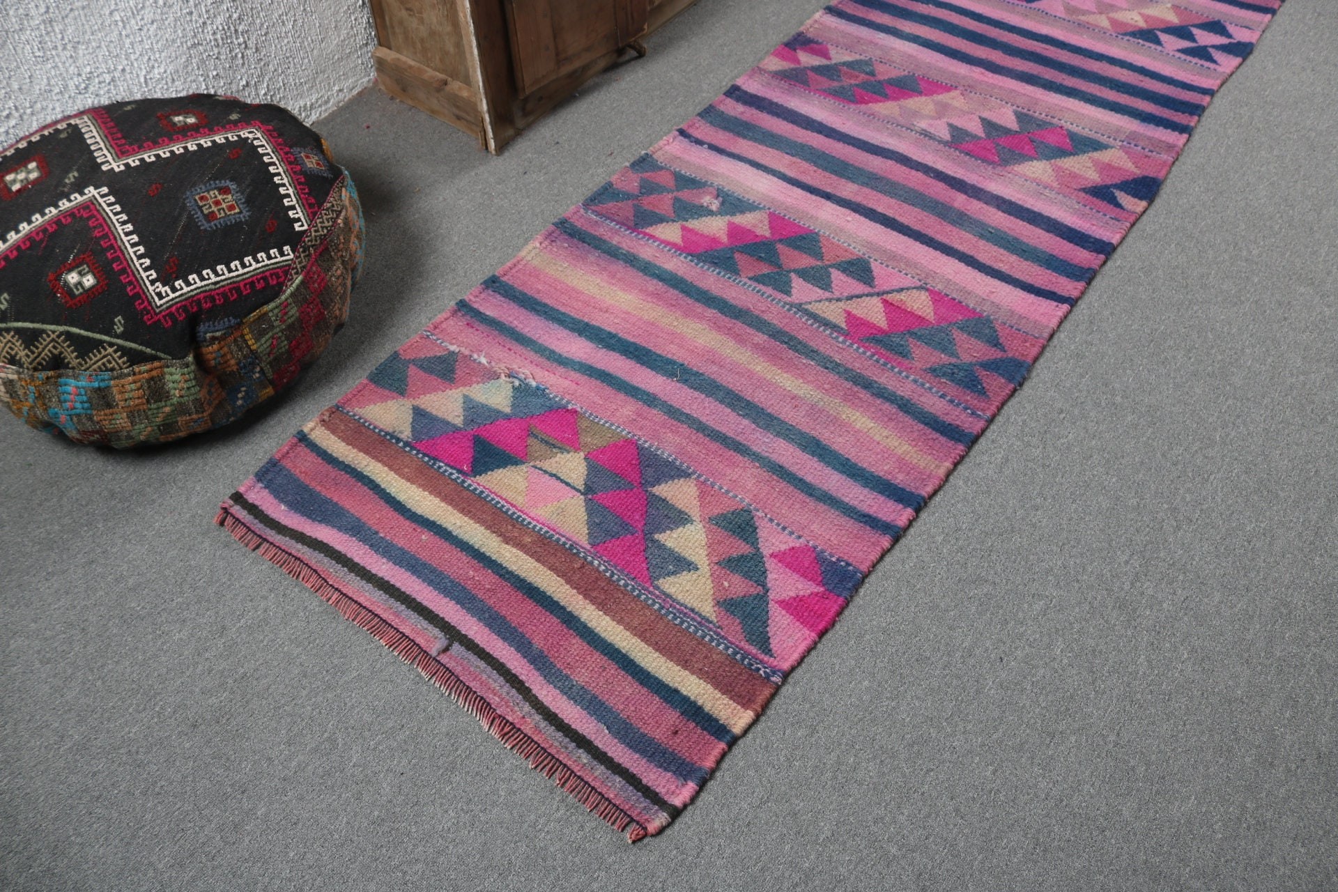 Antique Rug, Turkish Rugs, Rugs for Runner, Aesthetic Rugs, Stair Rugs, 2.7x10.2 ft Runner Rug, Pink Wool Rugs, Vintage Rug, Geometric Rug