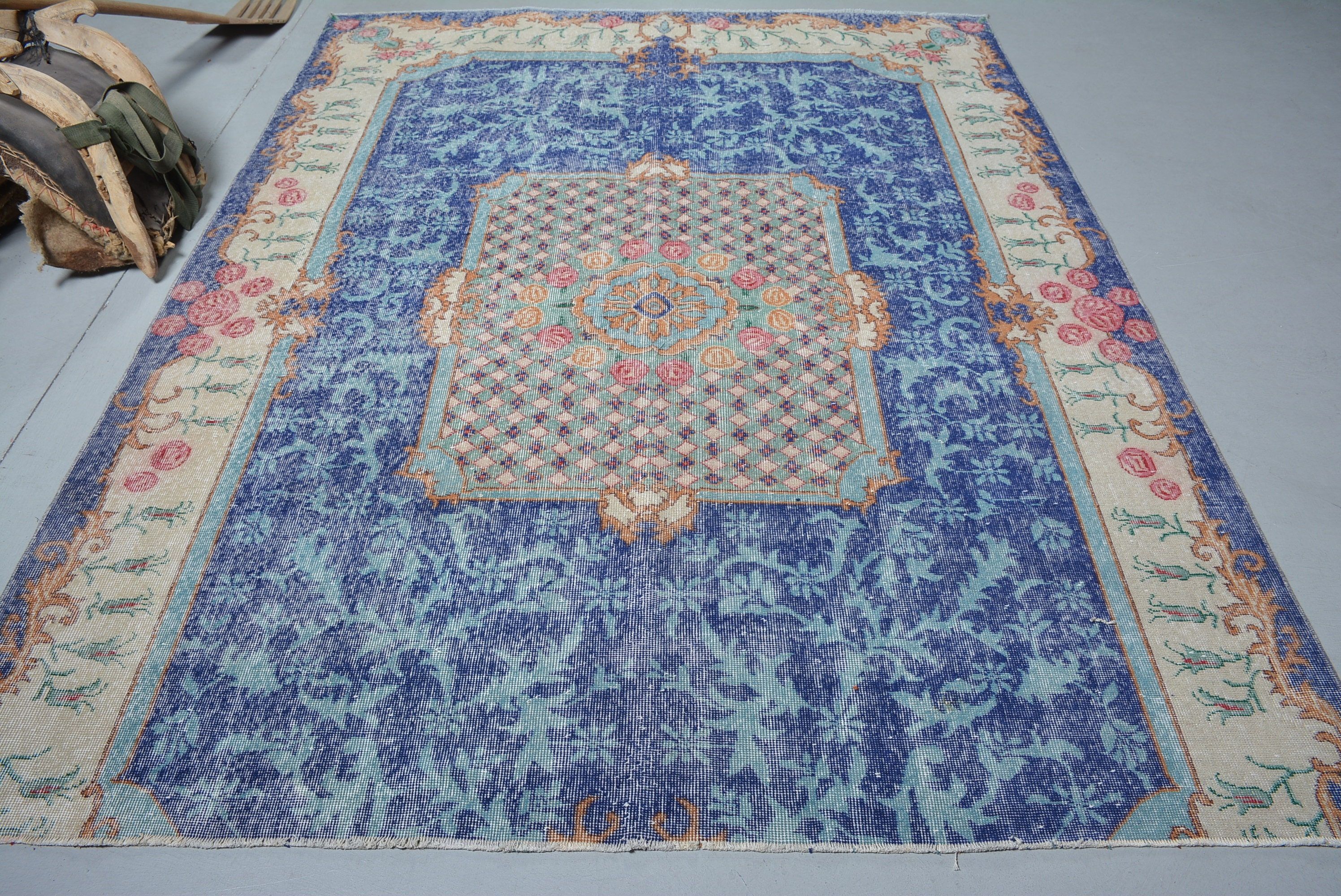 Living Room Rug, Turkish Rugs, Vintage Rug, Colorful Rug, 6.9x8.9 ft Large Rugs, Wool Rugs, Muted Rugs, Rugs for Salon, Dining Room Rug