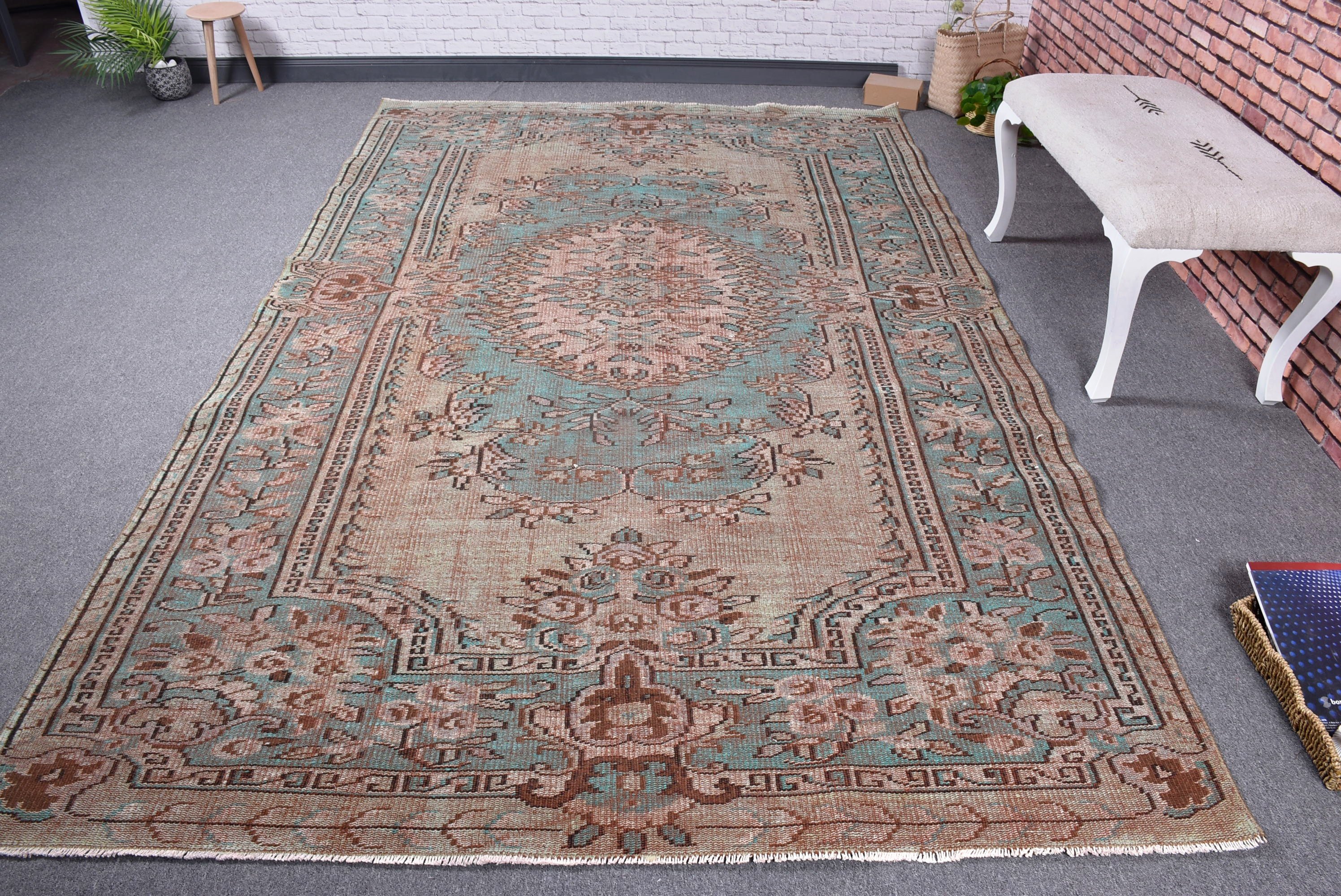 Rugs for Dining Room, Large Oushak Rug, Bedroom Rugs, Modern Rugs, Turkish Rugs, Green Kitchen Rugs, Vintage Rug, 6.1x9.9 ft Large Rug