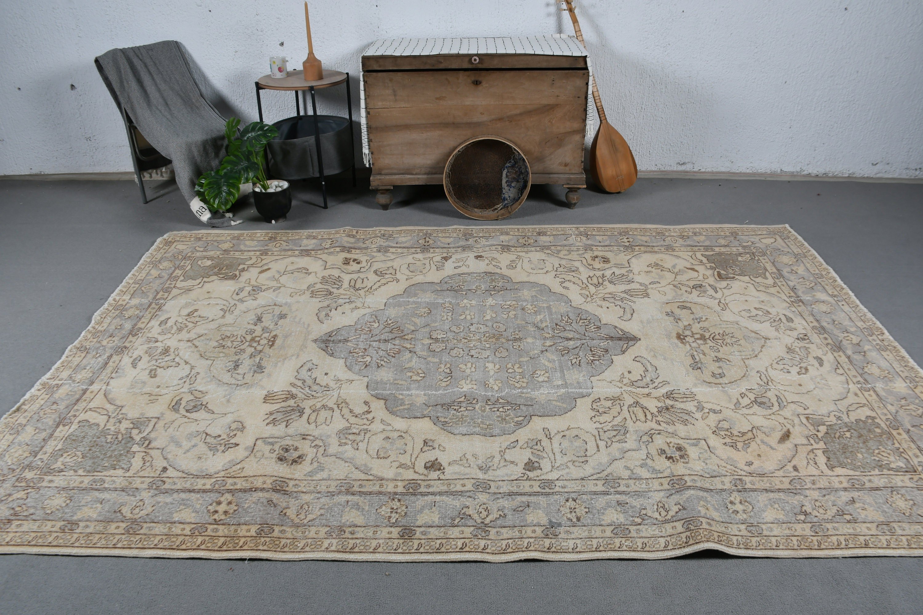 Oturma Odası Halısı, Türk Halıları, Yer Halısı, Yatak Odası Halısı, Vintage Halı, Bej Oushak Halıları, 6.5x9.5 ft Büyük Halı, Salon Halısı, Anadolu Halısı