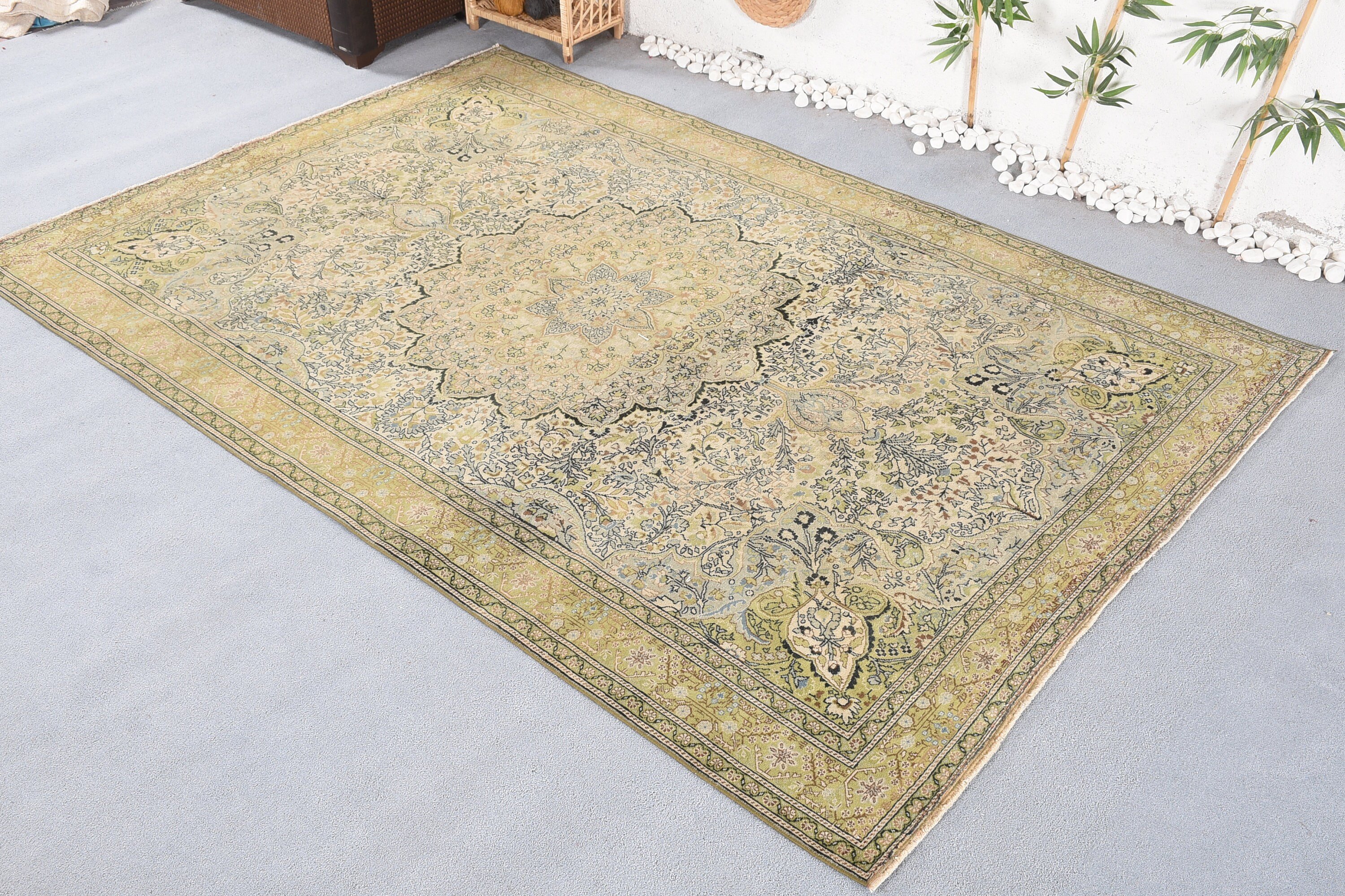 Vintage Halı, Eskitilmiş Halılar, Oryantal Halı, Türk Halıları, Yeşil Mutfak Halıları, Yatak Odası Halısı, Oushak Halıları, 6,3x9,5 ft Büyük Halı, Salon Halıları