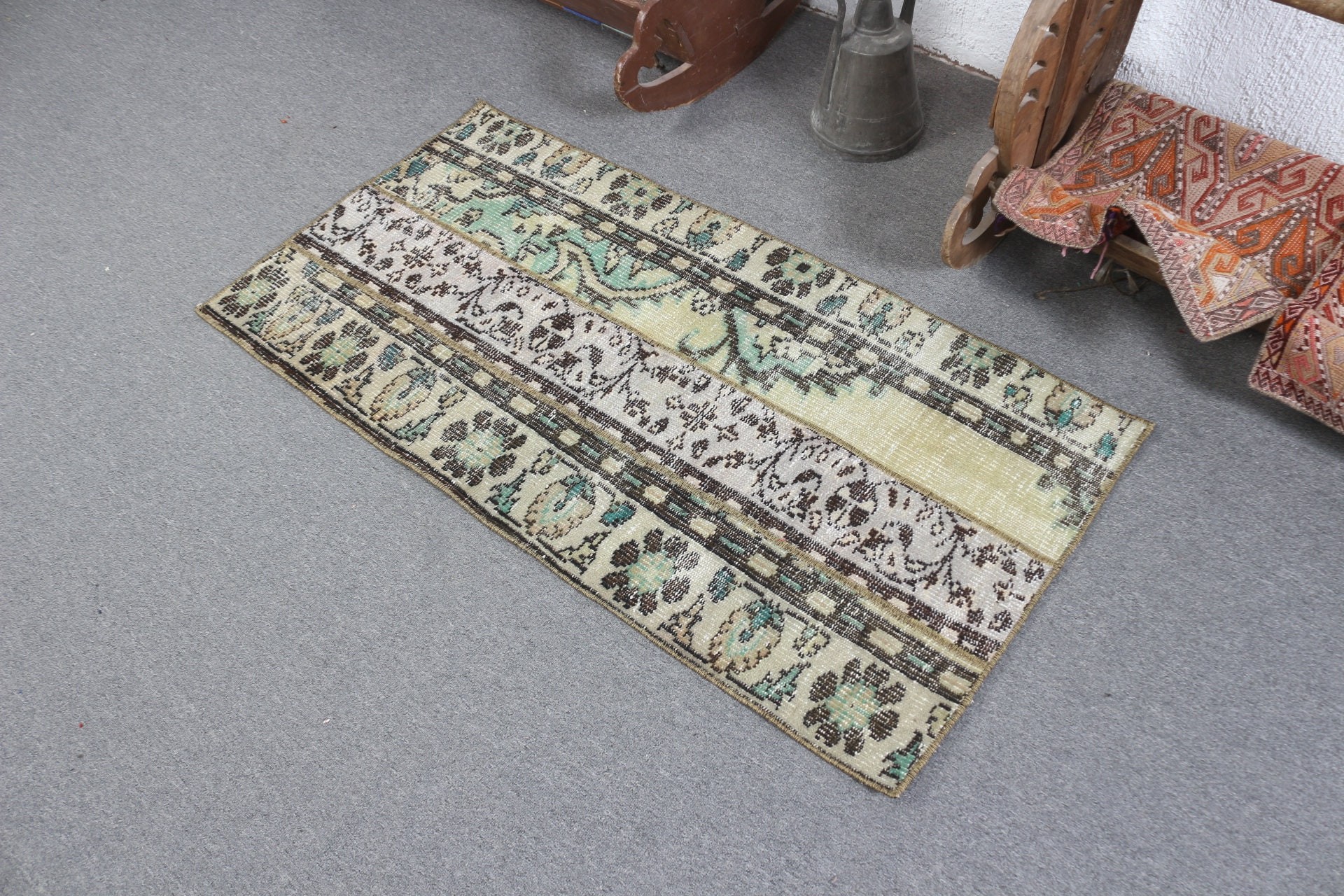 Cool Rug, Rugs for Bath, Vintage Rug, Turkish Rugs, Oushak Rug, 2.2x4.3 ft Small Rug, Green Home Decor Rug, Bathroom Rug, Nursery Rug