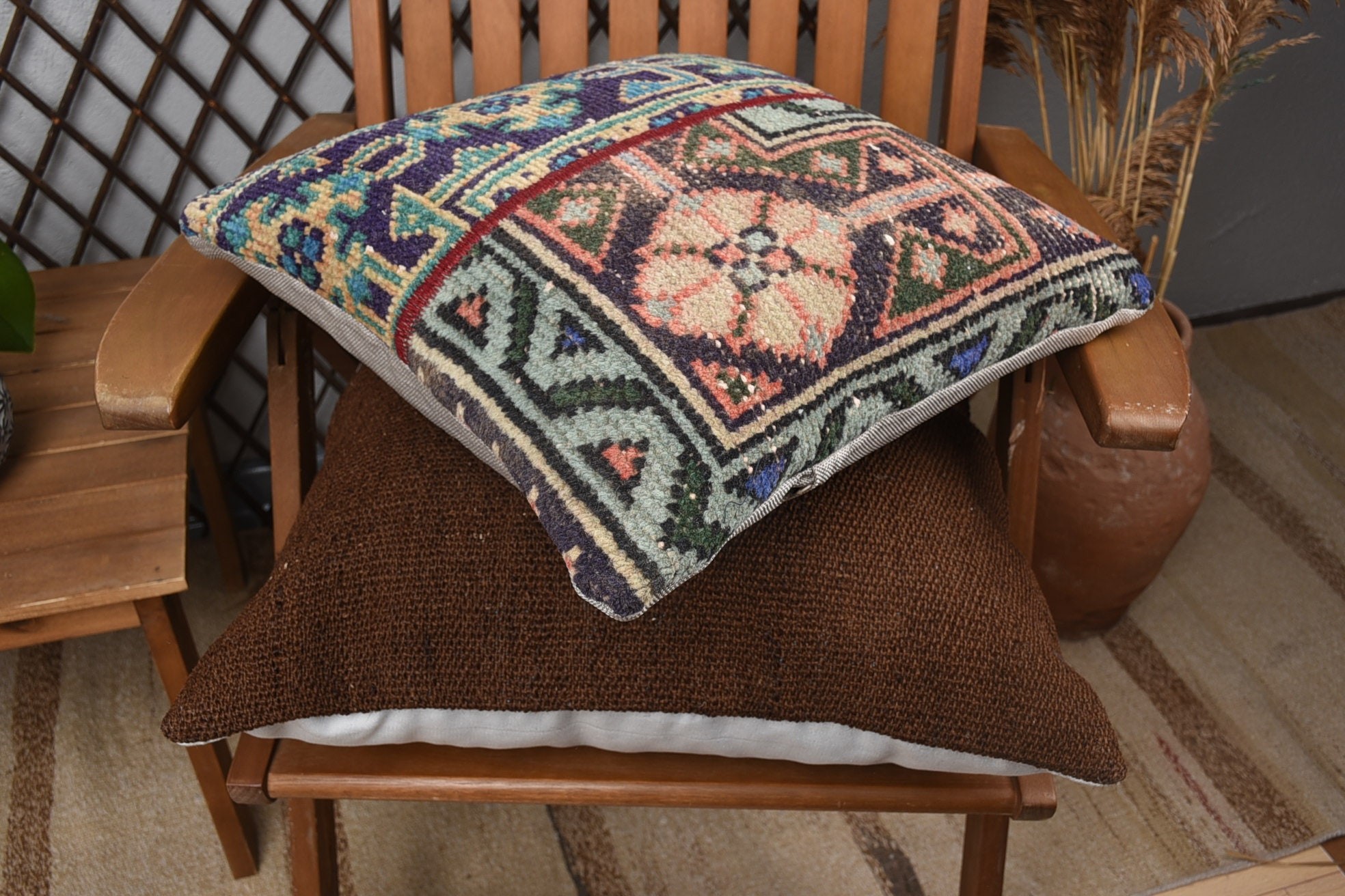 Garden Pillow Case, 16"x16" Brown Pillow Sham, Antique Pillows, Kilim Pillow Cover, Pillow for Sofa, Decorative Bolster Pillow Case