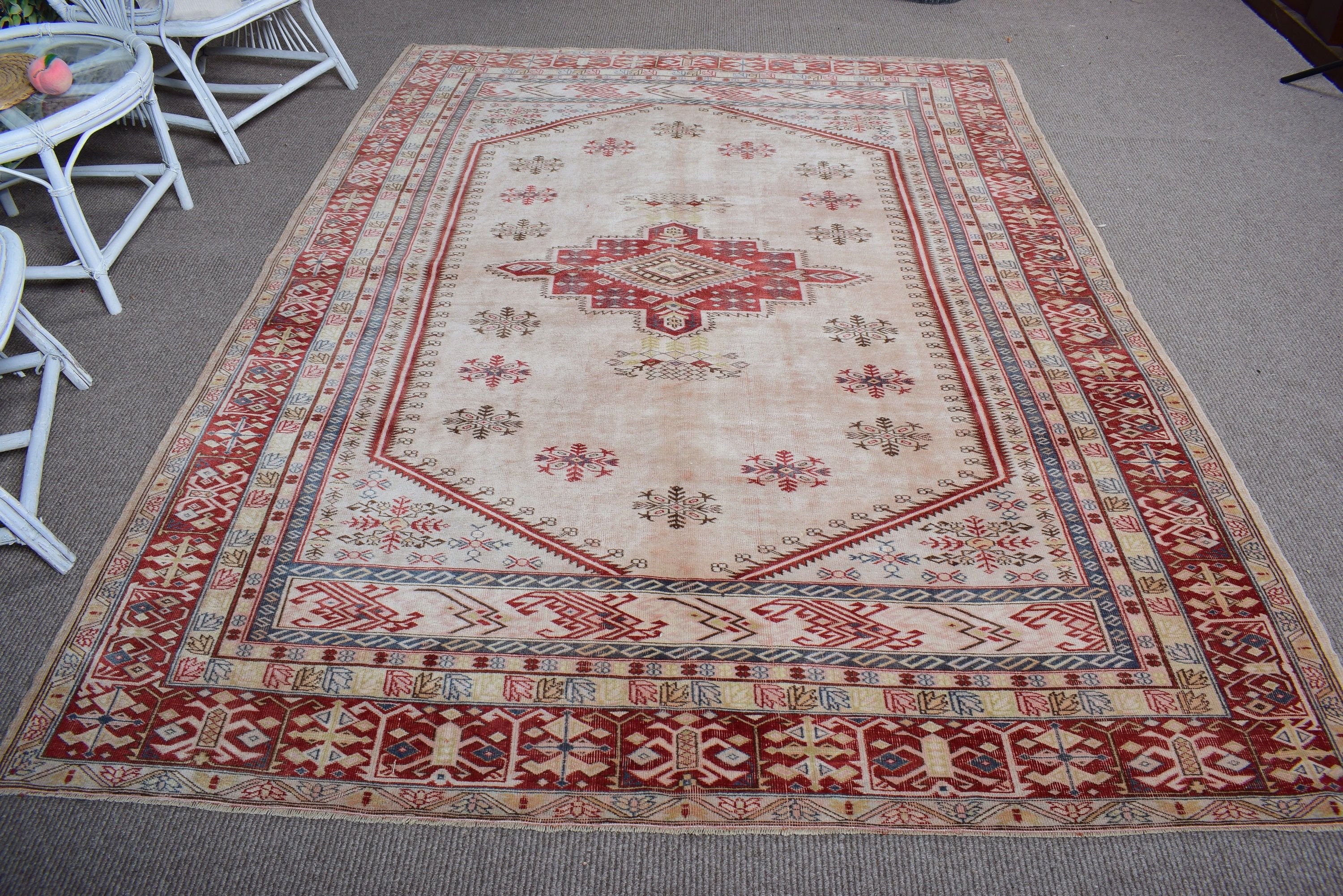 Vintage Halılar, 6.5x8.7 ft Büyük Halılar, Türk Halıları, Bej Yatak Odası Halıları, Büyük Boho Halıları, Büyük Oushak Halısı, Anadolu Halıları, Nötr Halı