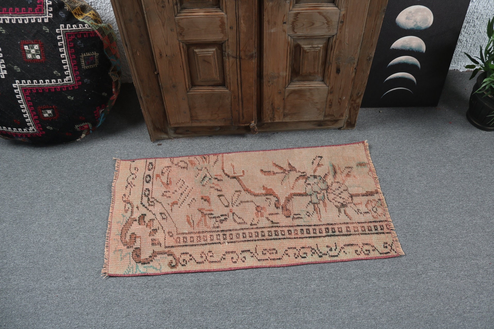 Kahverengi Boho Halı, Bohem Halı, Vintage Halı, Küçük Vintage Halı, Oryantal Halı, 1.6x3.2 ft Küçük Halılar, Yatak Odası Halısı, Bildiri Halısı, Türk Halısı