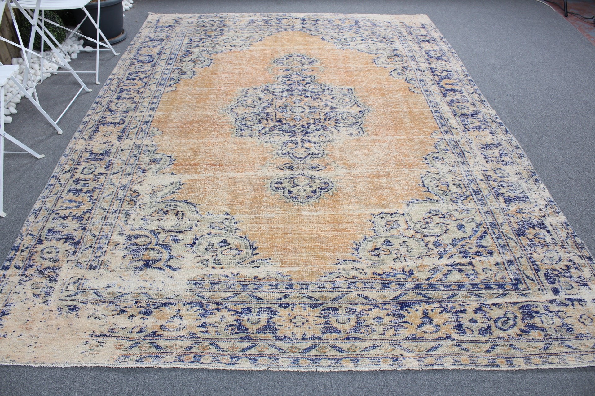 Vintage Halı, 7.3x9.9 ft Büyük Boy Halı, Turuncu Fas Halıları, Eski Halı, Yemek Odası Halıları, Antika Halılar, Yün Halı, Türk Halısı, Oturma Odası Halısı