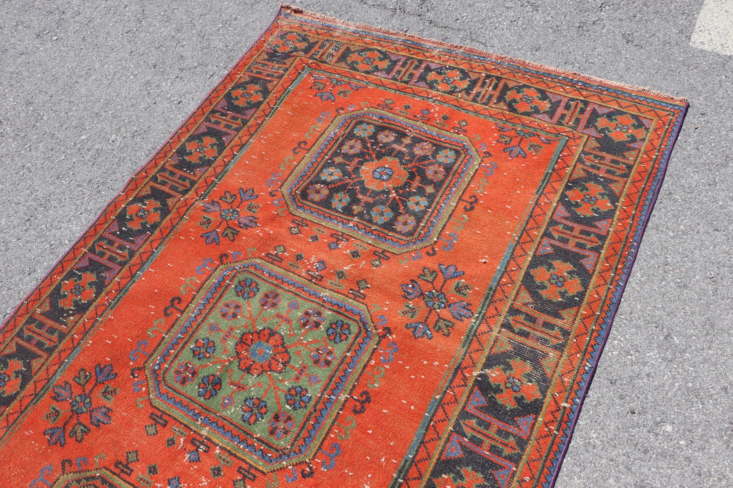 Turuncu Oushak Halı, Vintage Halılar, Türk Halısı, Mutfak Halısı, Oryantal Halı, Bohem Halısı, Yatak Odası Halısı, 4.4x11.5 ft Koşucu Halısı, Koridor Halısı