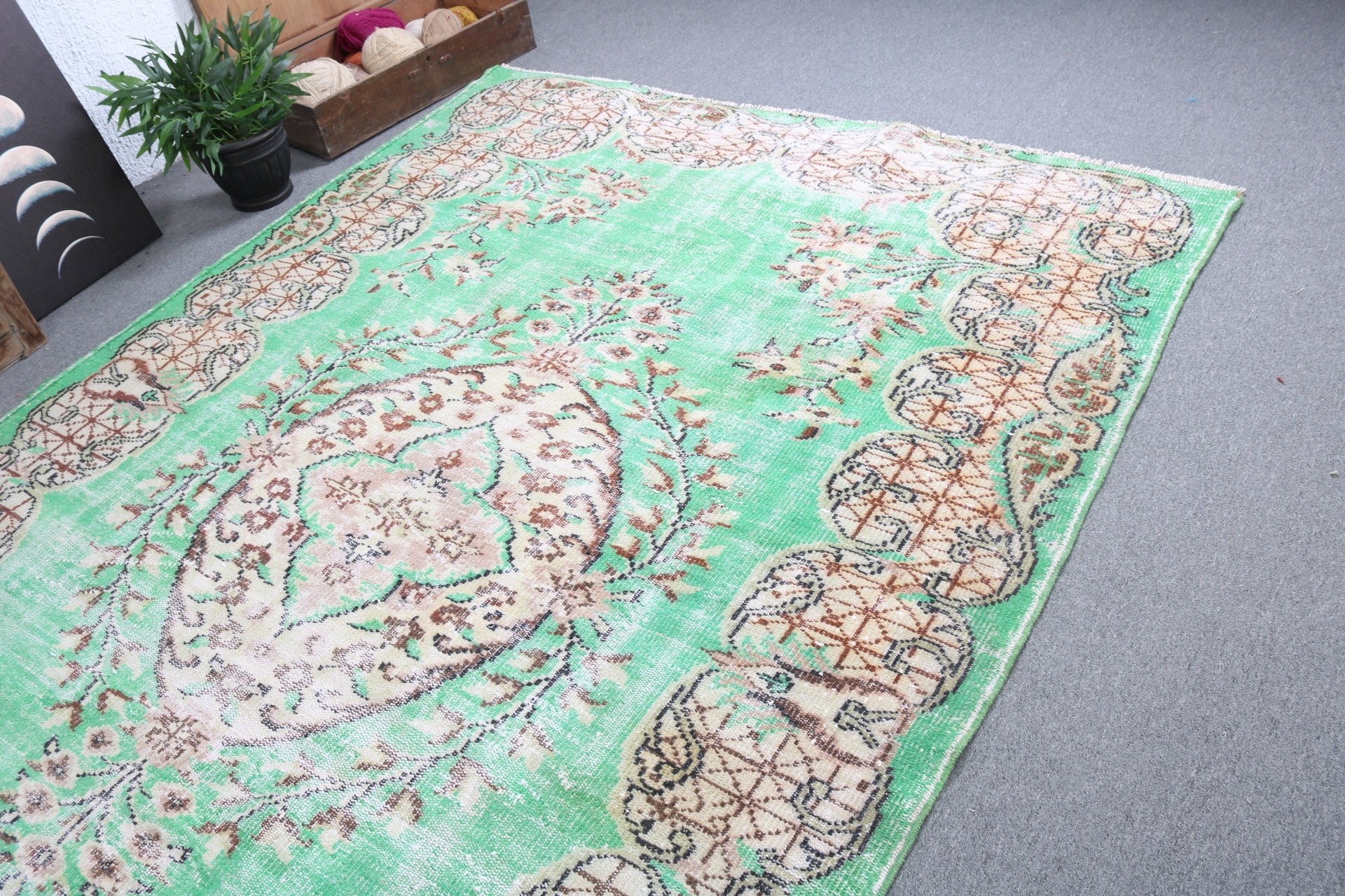 Vintage Halılar, Nötr Halılar, Oturma Odası Halıları, Büyük Vintage Halılar, Türk Halıları, Antika Halılar, 6.4x9.6 ft Büyük Halılar, Yeşil İfade Halıları