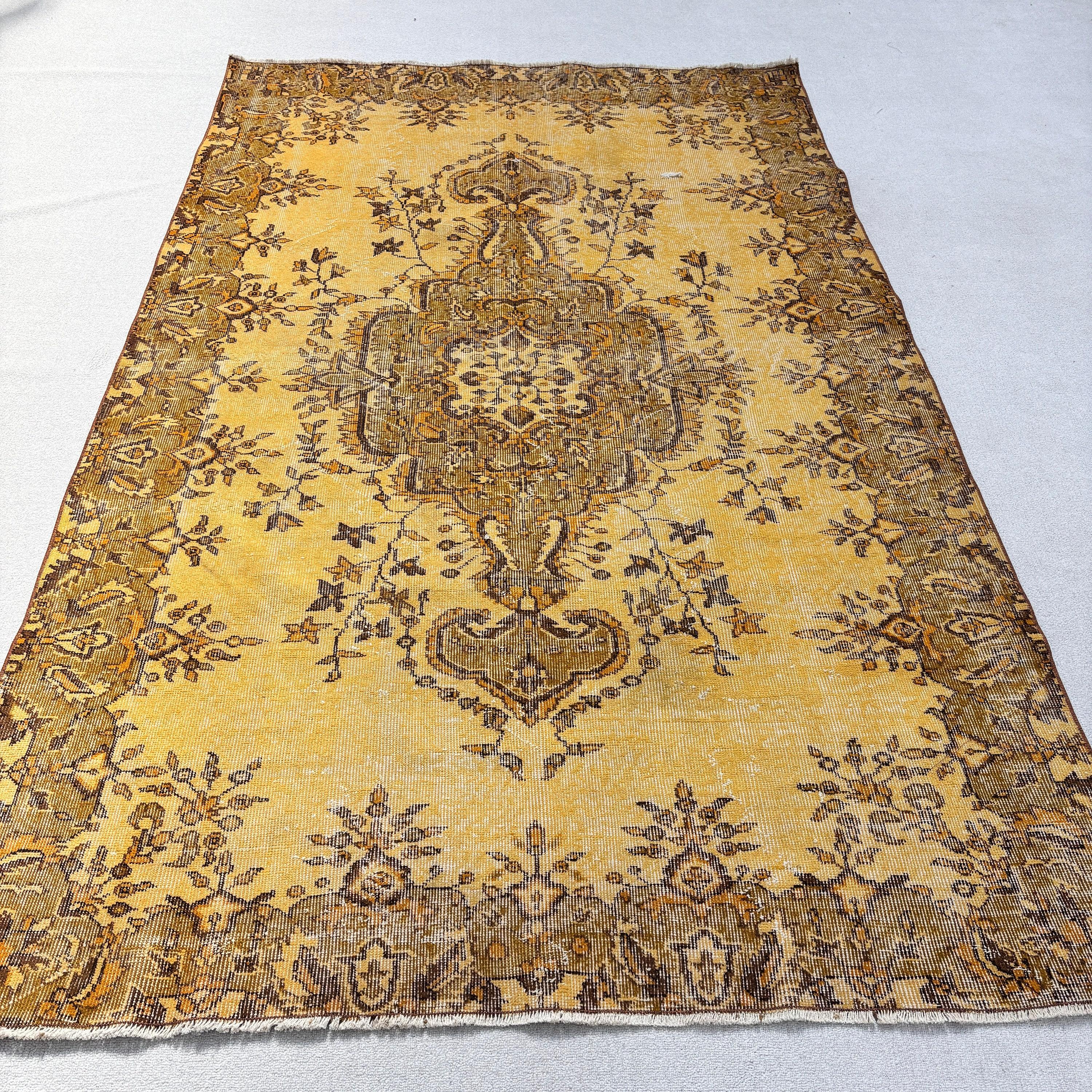 Türk Halıları, 5.5x8.7 ft Büyük Halı, Oturma Odası Halıları, Sarı Nötr Halılar, Yatak Odası Halısı, Vintage Halı, Büyük Oushak Halıları, Antika Halılar