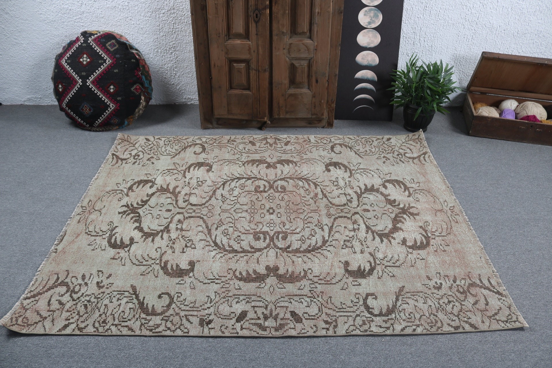 Yeşil Düz Dokuma Halılar, Yer Halıları, Türk Halıları, Boho Bölge Halıları, Vintage Halı, Açıklama Halısı, 5x6,3 ft Alan Halısı, Oushak Bölge Halıları, Aztek Halısı