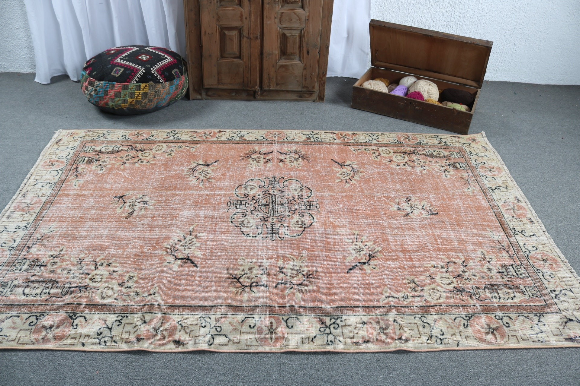 Vintage Halı, Boho Halı, Oushak Bölge Halıları, Kahverengi El Dokuma Halı, Yemek Odası Halıları, 4.8x7.9 ft Alan Halıları, Geometrik Halılar, Türk Halısı