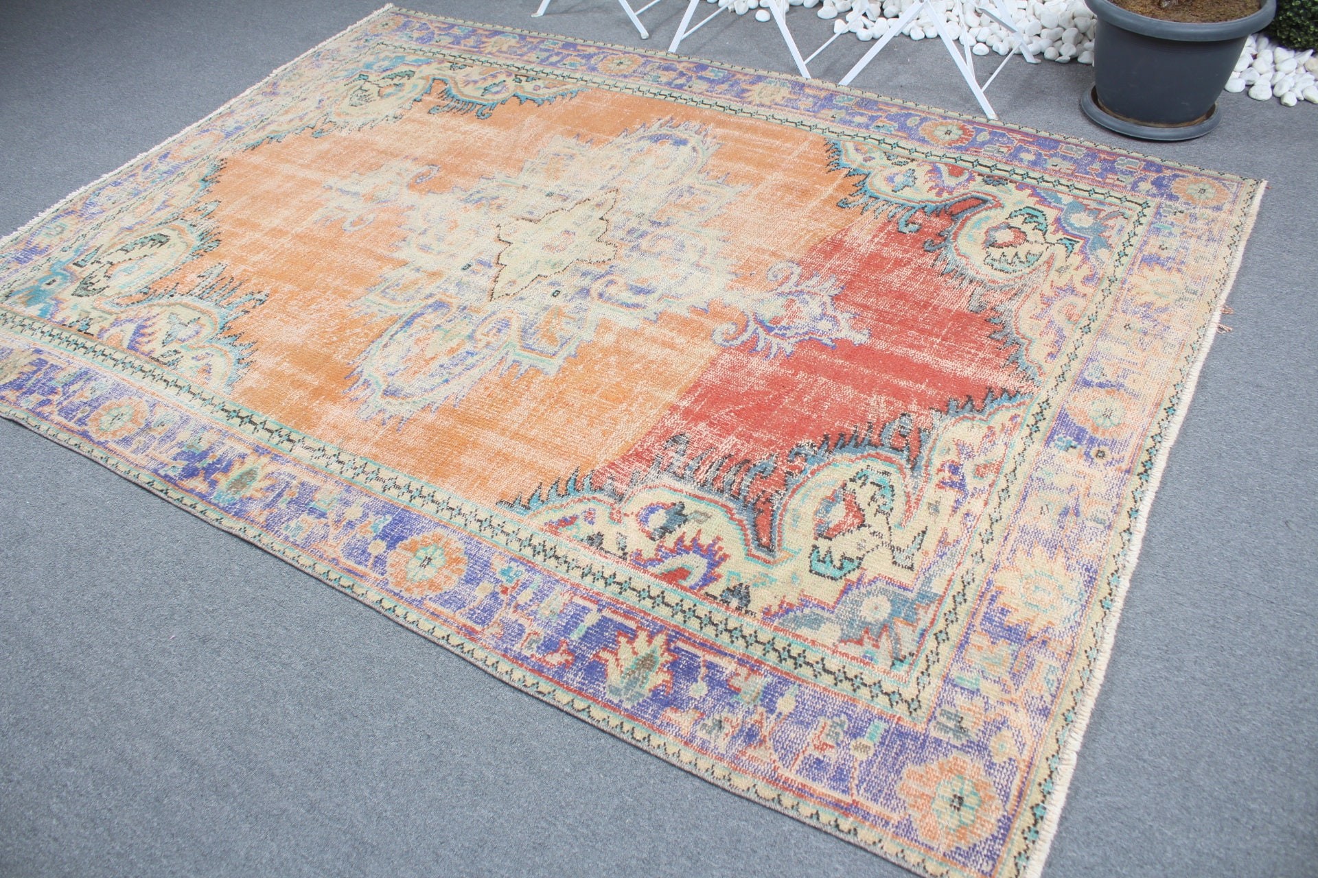 Dining Room Rug, Turkish Rug, Cute Rug, Anatolian Rug, Orange Home Decor Rug, Vintage Rugs, Salon Rug, 6.1x8.4 ft Large Rug