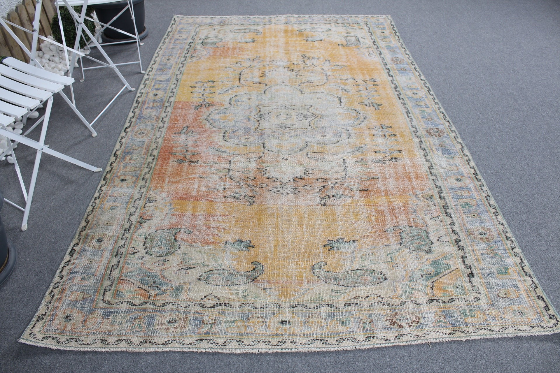 Salon Halısı, Vintage Halı, Türk Halısı, Sarı Anadolu Halısı, Ev Dekorasyonu Halıları, Sanat Halısı, 5.8x8.7 ft Büyük Halılar, Antika Halılar, Oturma Odası Halıları