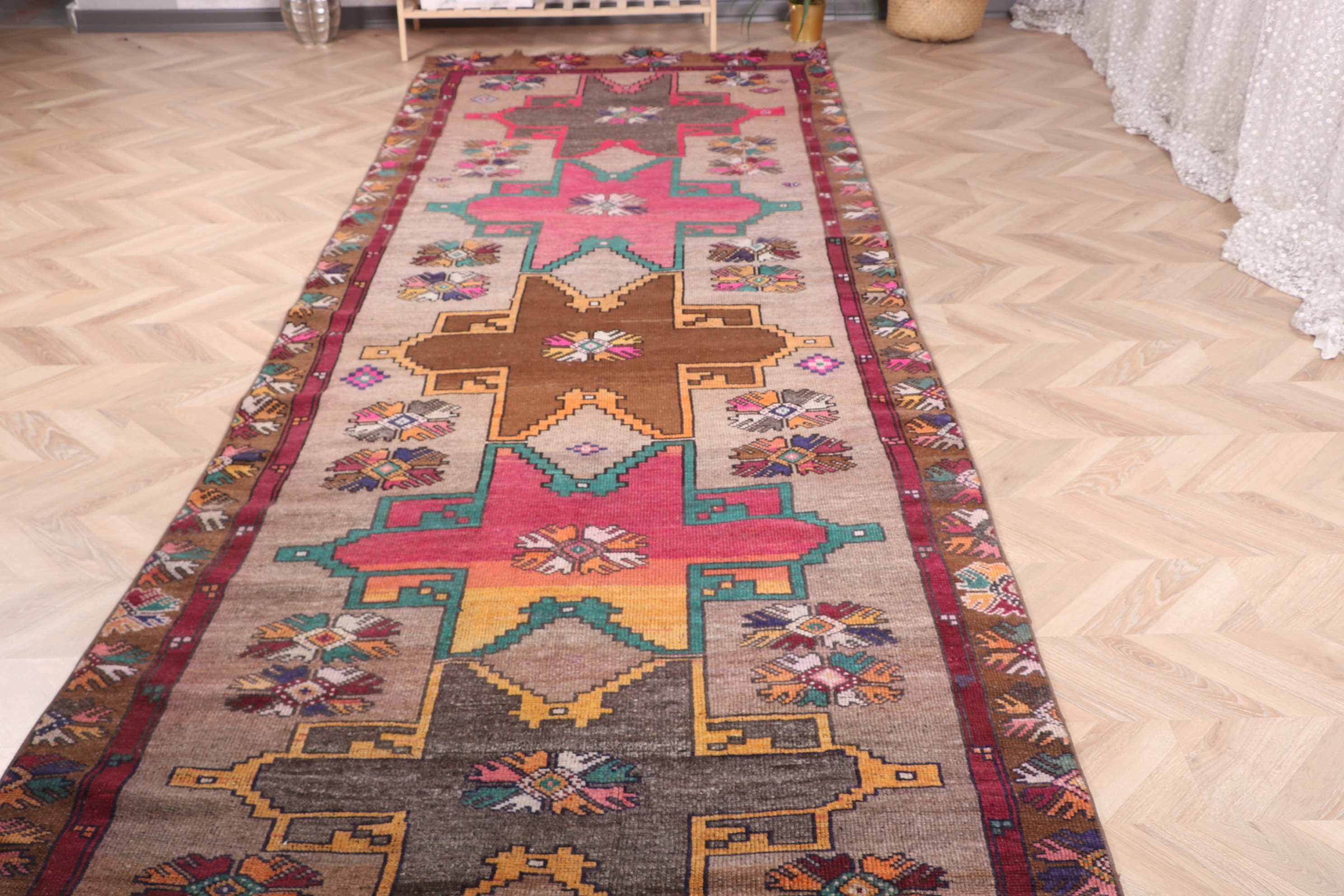 Yer Halıları, Etnik Halılar, Koridor Halıları, Vintage Halı, Gri Düz Dokuma Halılar, Koridor Halıları, Türk Halıları, 4.3x12.4 ft Runner Halısı, Yatak Odası Halıları