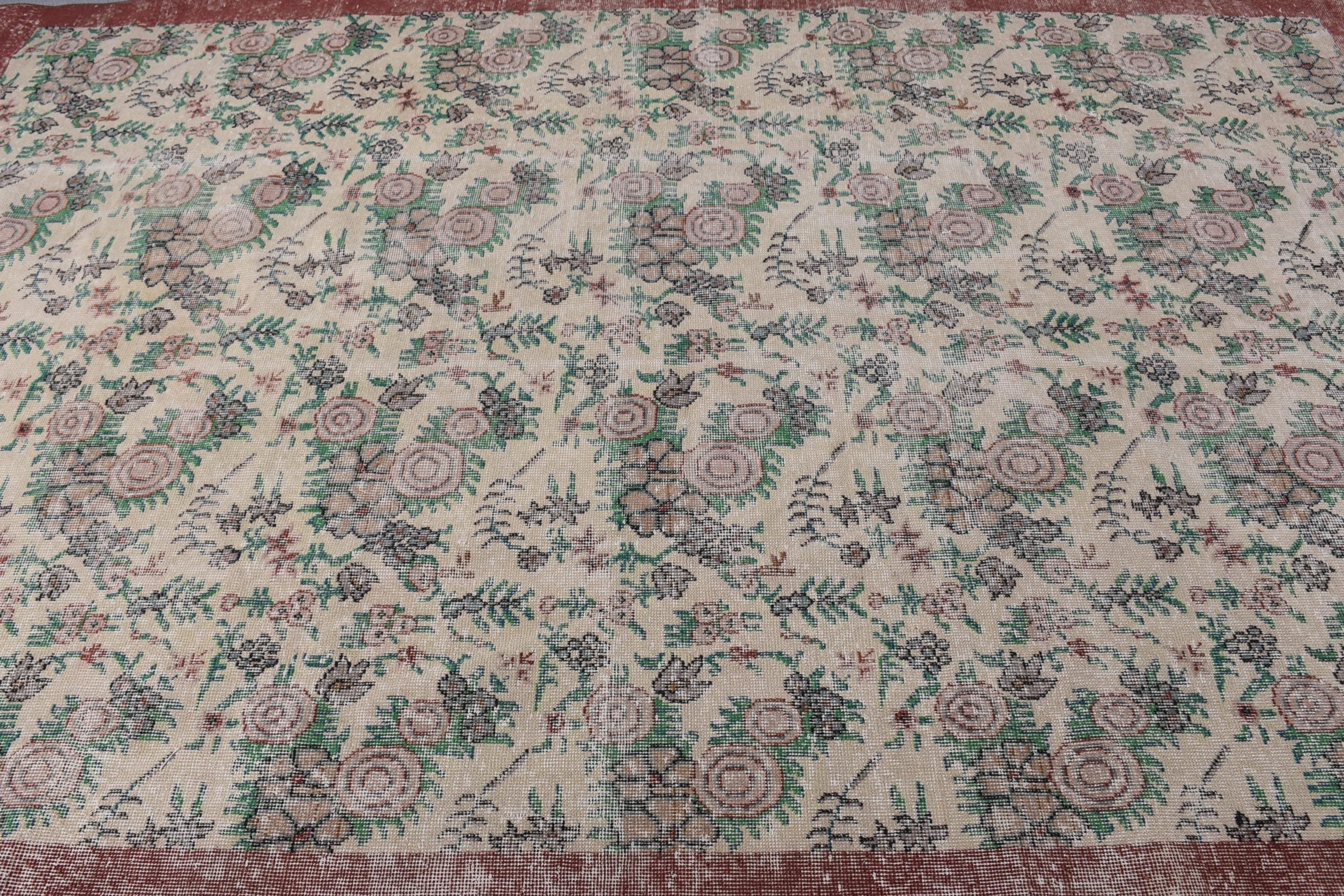 6.4x10.1 ft Büyük Halılar, Yün Halılar, Türk Halısı, Ev Dekor Halıları, Oturma Odası Halısı, Büyük Oushak Halıları, Bej El Dokuma Halı, Vintage Halılar