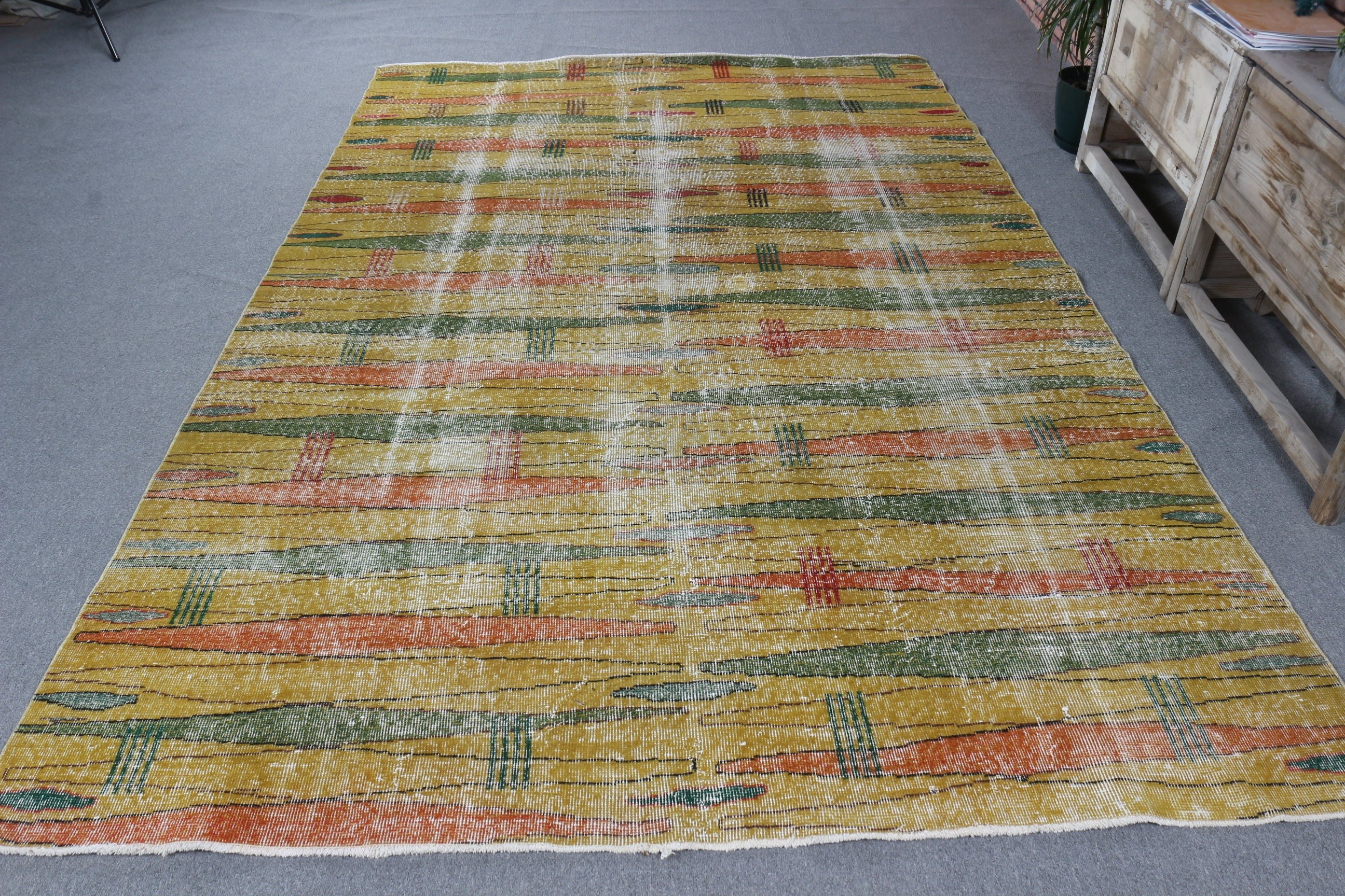 Türk Halısı, Egzotik Halı, Vintage Halı, Sarı Lüks Halı, Yatak Odası Halıları, El Dokuma Halı, 6.9x10.1 ft Büyük Halılar, Salon Halıları, Ev Dekorasyonu Halıları