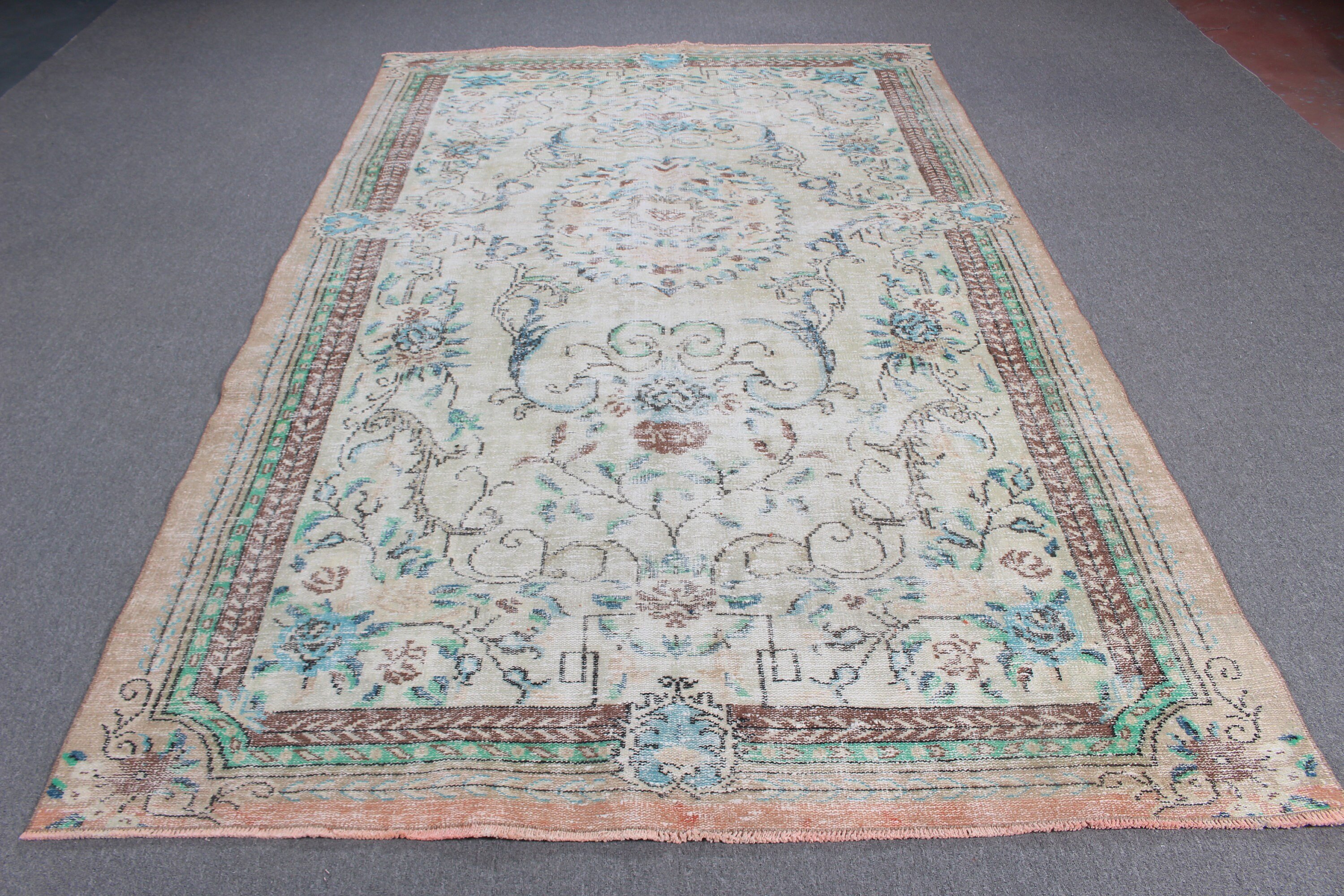 Vintage Halılar, Türk Halıları, 5.7x9.2 ft Büyük Halı, Bej Yün Halılar, Yer Halısı, Havalı Halılar, El Dokuma Halı, Yemek Odası Halısı, Büyük Oushak Halıları