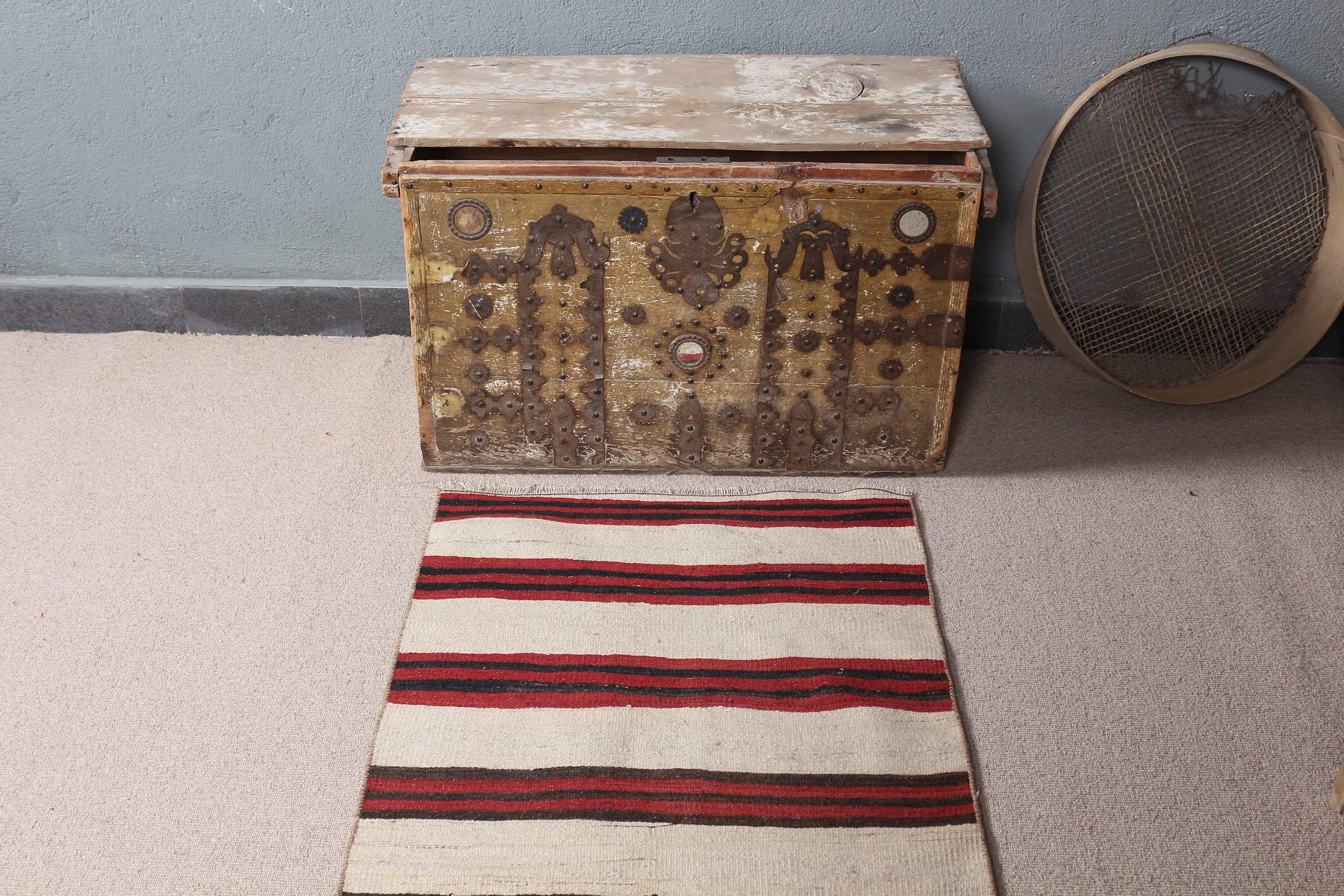 Bej Yün Halı, Banyo Halısı, Havalı Halılar, Kilim, Kabile Halısı, Vintage Halı, Türk Halısı, Mutfak Halısı, 2,3x5,5 ft Küçük Halılar