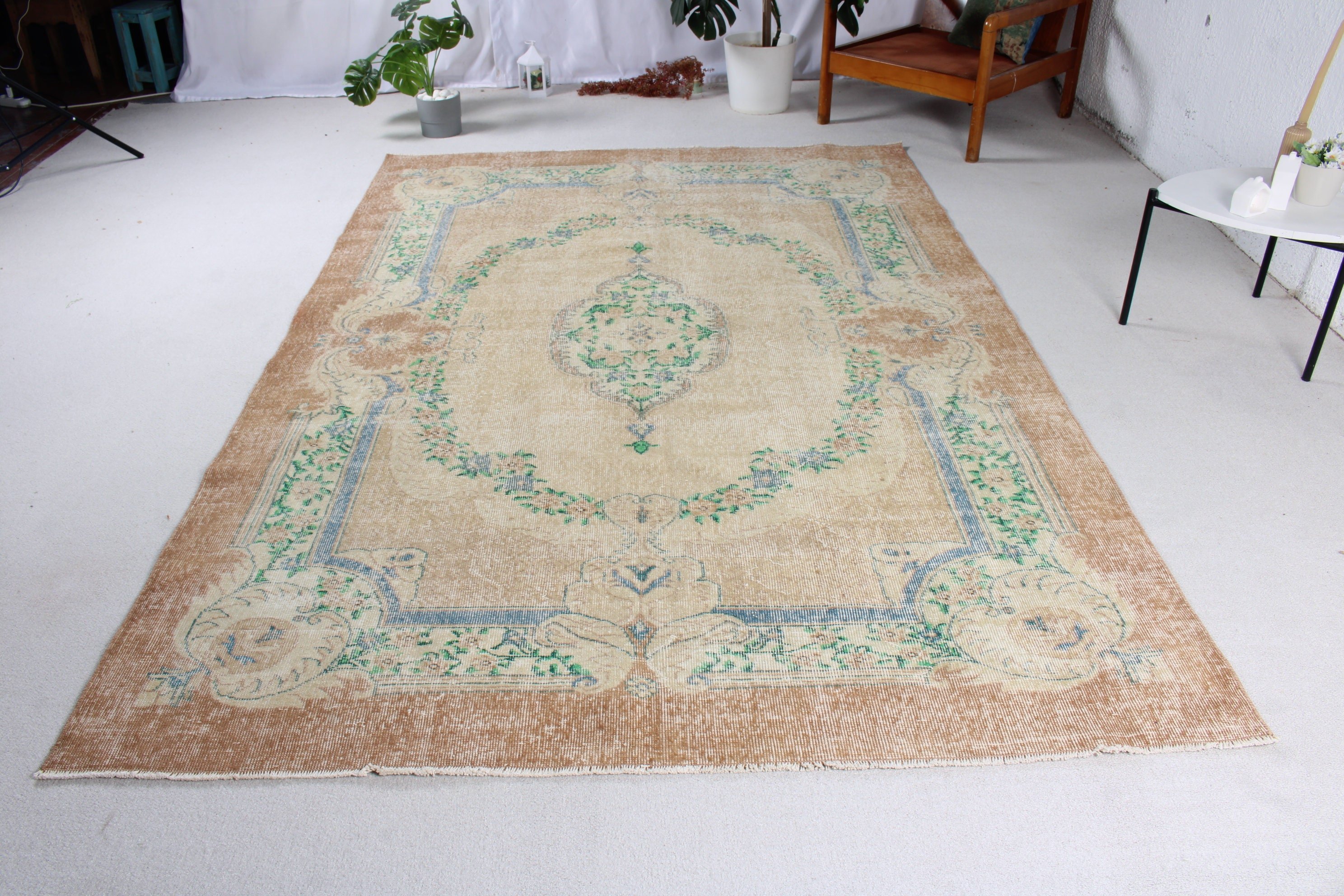 Geometrik Halılar, Türk Halısı, Vintage Dekor Halısı, Oturma Odası Halıları, Kahverengi Yün Halısı, Nötr Halısı, Vintage Halısı, 6.1x9 ft Büyük Halısı, Salon Halısı