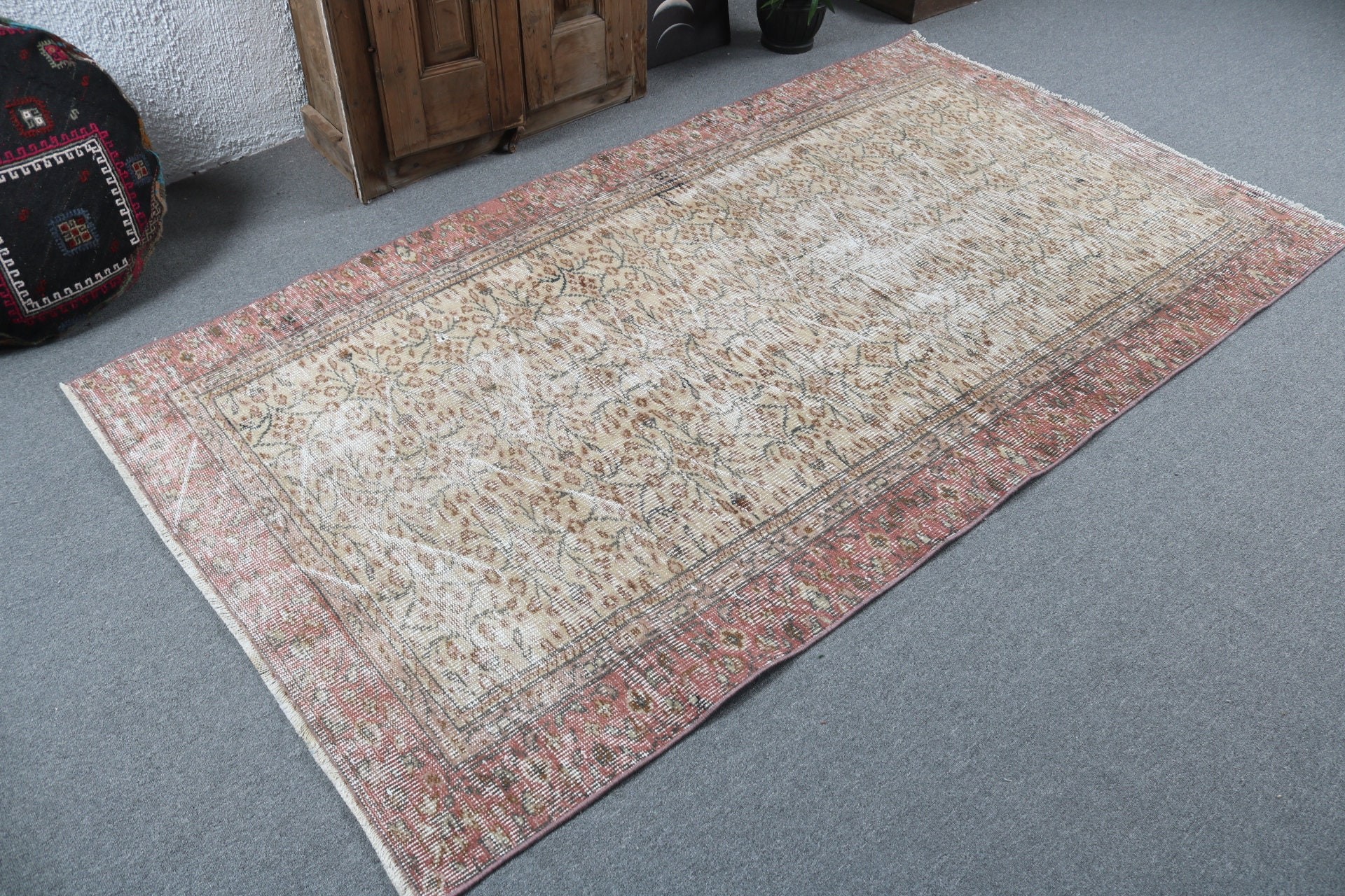 Boho Bölge Halıları, Nötr Halı, Türk Halıları, 4,4x8,2 ft Alan Halıları, Oushak Halıları, Mutfak Halıları, El Dokuma Halı, Kahverengi Geometrik Halı, Vintage Halı