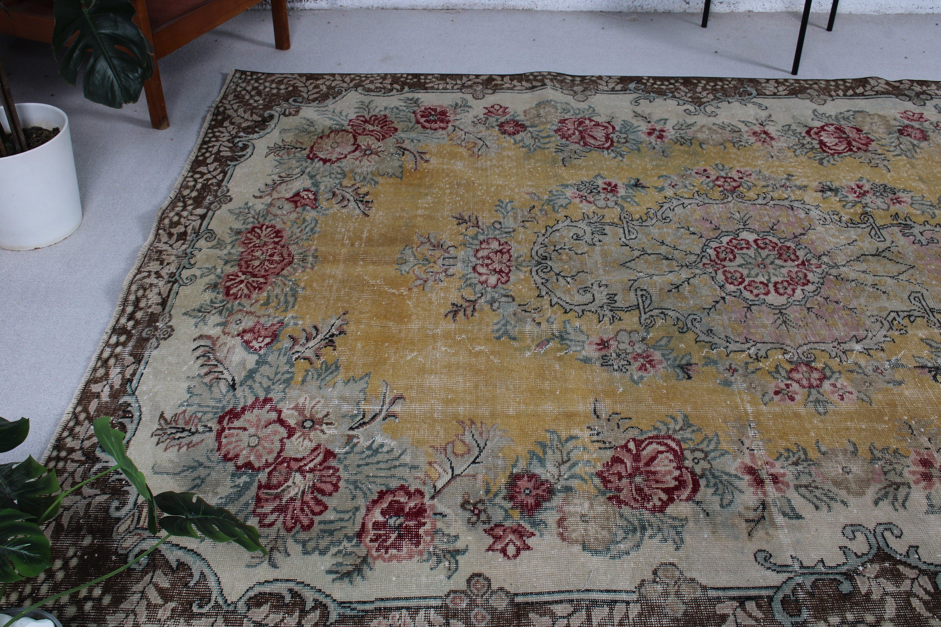 6.7x10 ft Büyük Halı, Vintage Halı, Geometrik Halılar, Türk Halıları, Oushak Halısı, Kahverengi Fas Halısı, Büyük Oushak Halıları, Büyük Boho Halısı