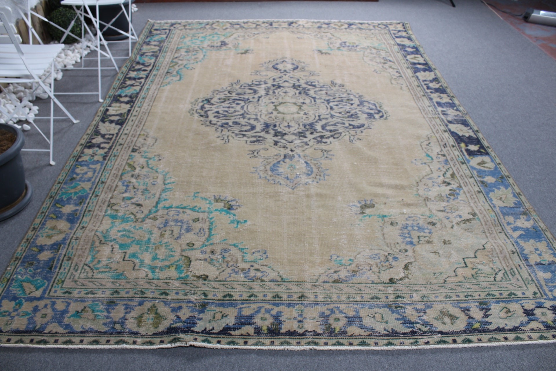 Bej Oushak Halıları, Yatak Odası Halıları, 7,4x10,5 ft Büyük Boy Halı, Vintage Halılar, Salon Halıları, Türk Halıları, Soluk Halı, Oturma Odası Halısı, Fas Halısı