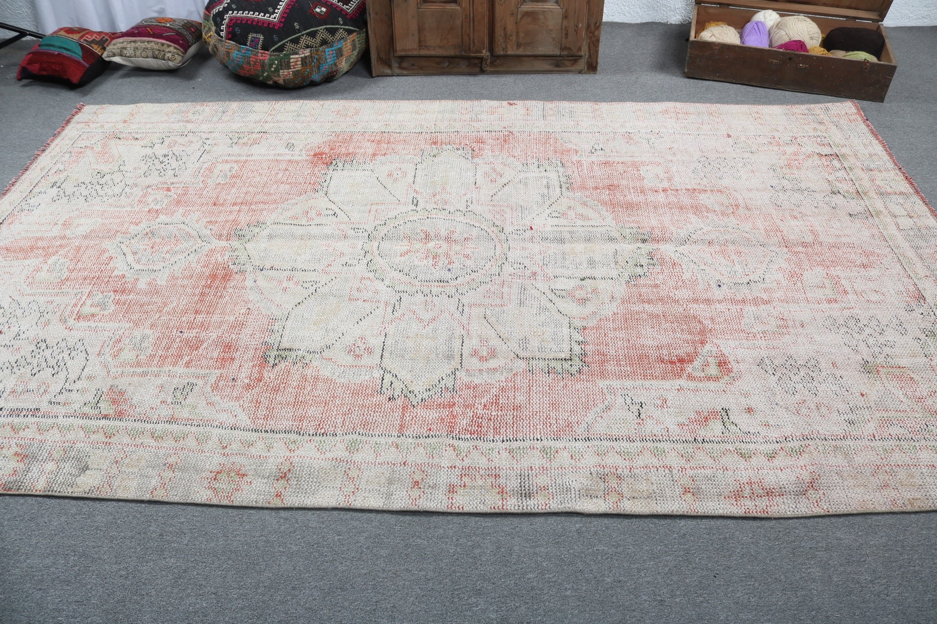 Yer Halısı, Bej Anadolu Halıları, Büyük Boho Halısı, Oushak Halıları, Türk Halıları, 5,6x9,5 ft Büyük Halılar, Vintage Halı, Yatak Odası Halısı, Düz Dokuma Halı