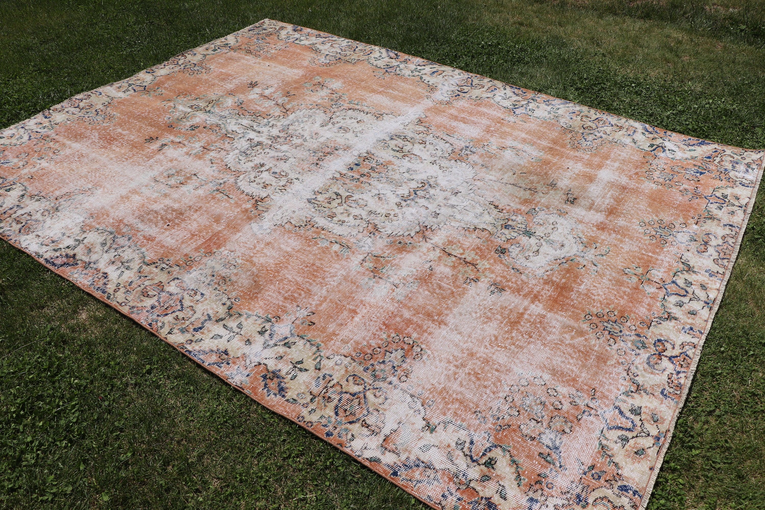 Turkish Rugs, Floor Rug, Moroccan Rug, Salon Rugs, Orange Antique Rug, Vintage Rugs, 6.7x9 ft Large Rugs, Large Oushak Rugs