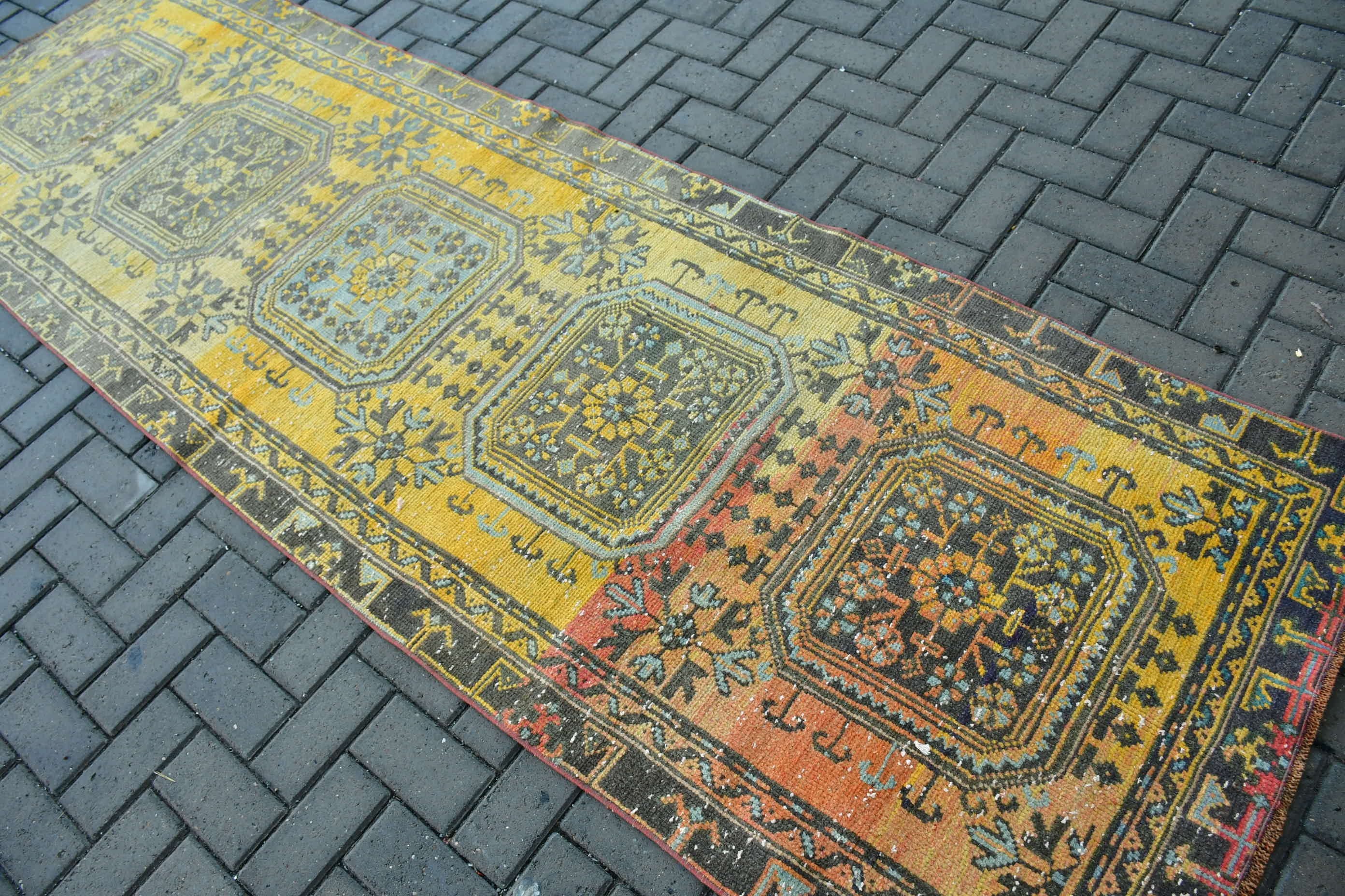 Yellow Cool Rug, 3.3x10.3 ft Runner Rugs, Bedroom Rug, Turkish Rugs, Nomadic Rug, Rugs for Corridor, Vintage Rug, Stair Rugs, Moroccan Rug