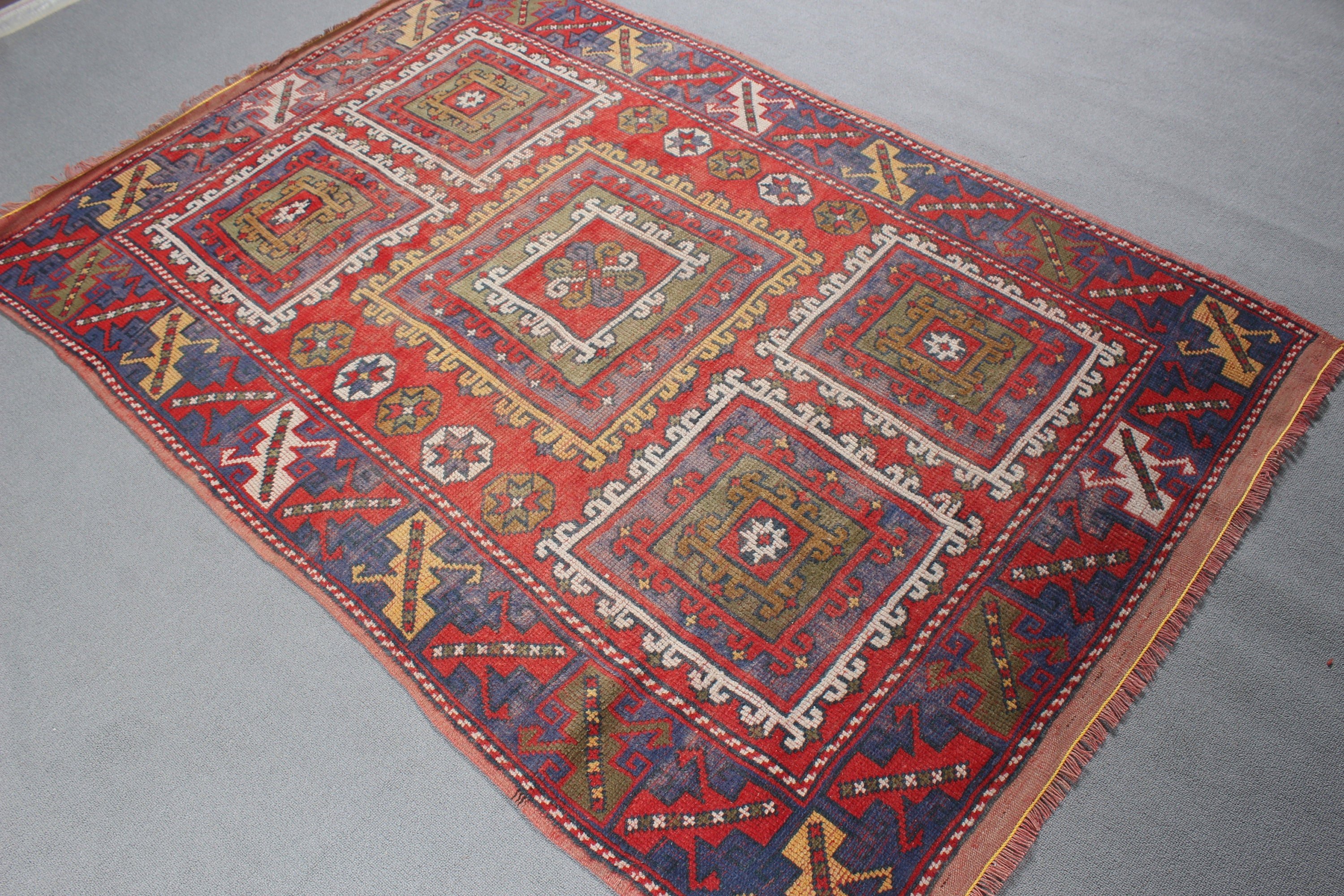 Kırmızı El Dokuma Halı, Organik Halı, Vintage Halı, 4.1x6.4 ft Alan Kilimi, Havalı Halılar, Yemek Odası Halıları, Vintage Alan Halısı, Mutfak Halıları, Türk Halısı