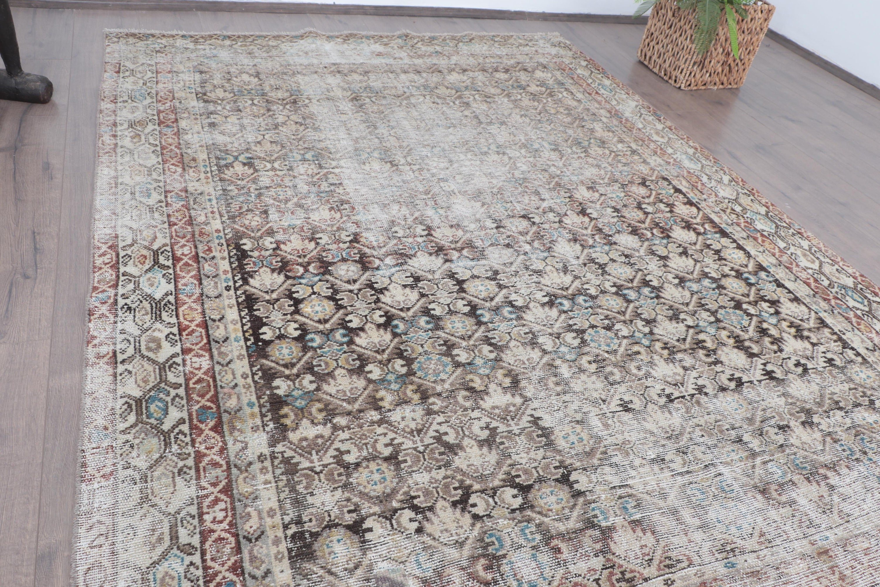 Vintage Halı, Bej Oushak Halılar, Büyük Oushak Halı, El Dokuma Halı, Türk Halısı, Yatak Odası Halısı, Yer Halısı, 5.5x7.6 ft Büyük Halılar, Geometrik Halı