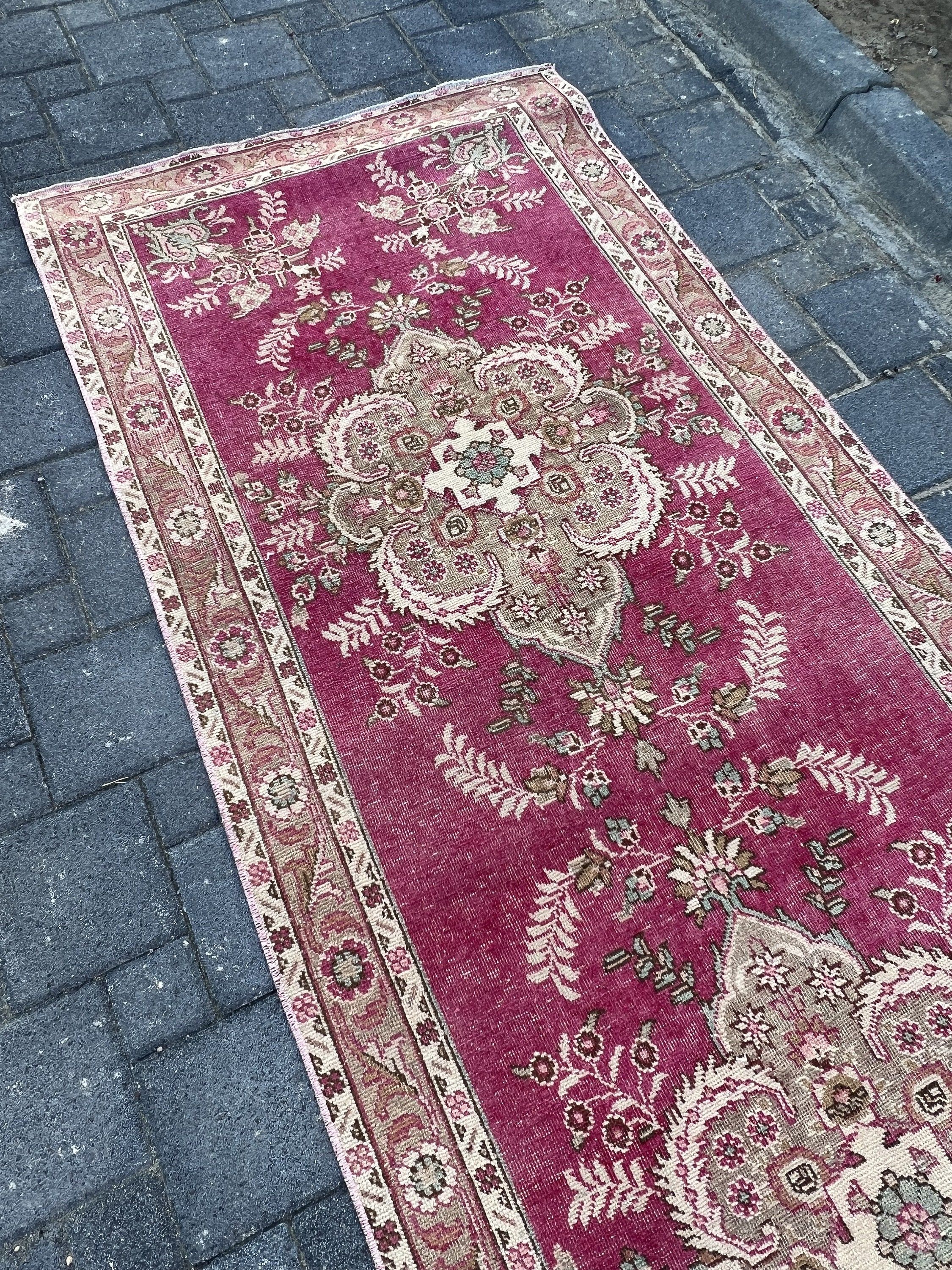 Old Rugs, Corridor Rug, Vintage Rugs, Pink Bedroom Rugs, Turkish Rug, Kitchen Rugs, Rugs for Runner, 3.4x12.6 ft Runner Rug